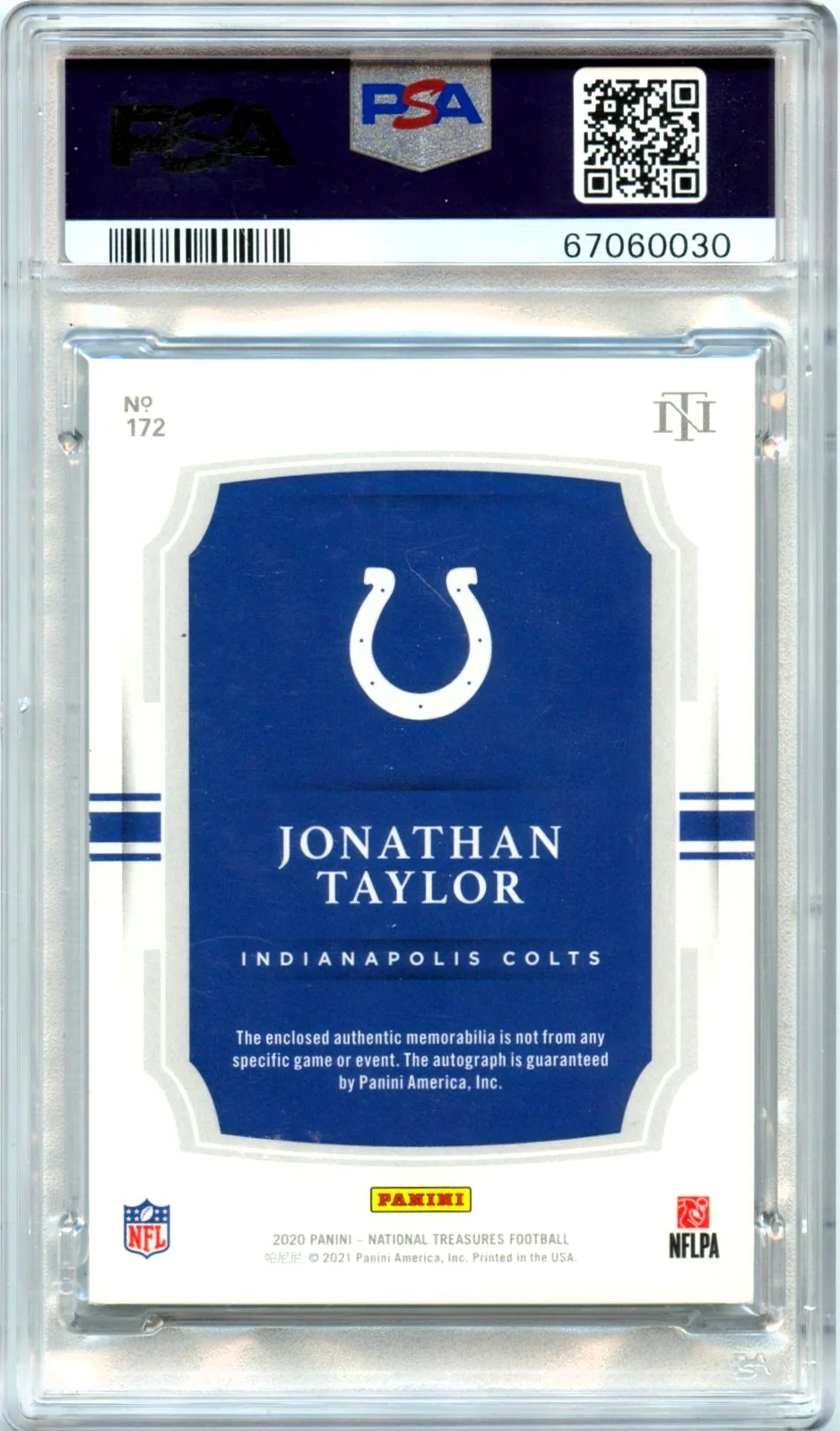 Jonathan Taylor RC 2020 National Treasures Rookie Patch Auto SP 63/99 PSA 9 - Image 2