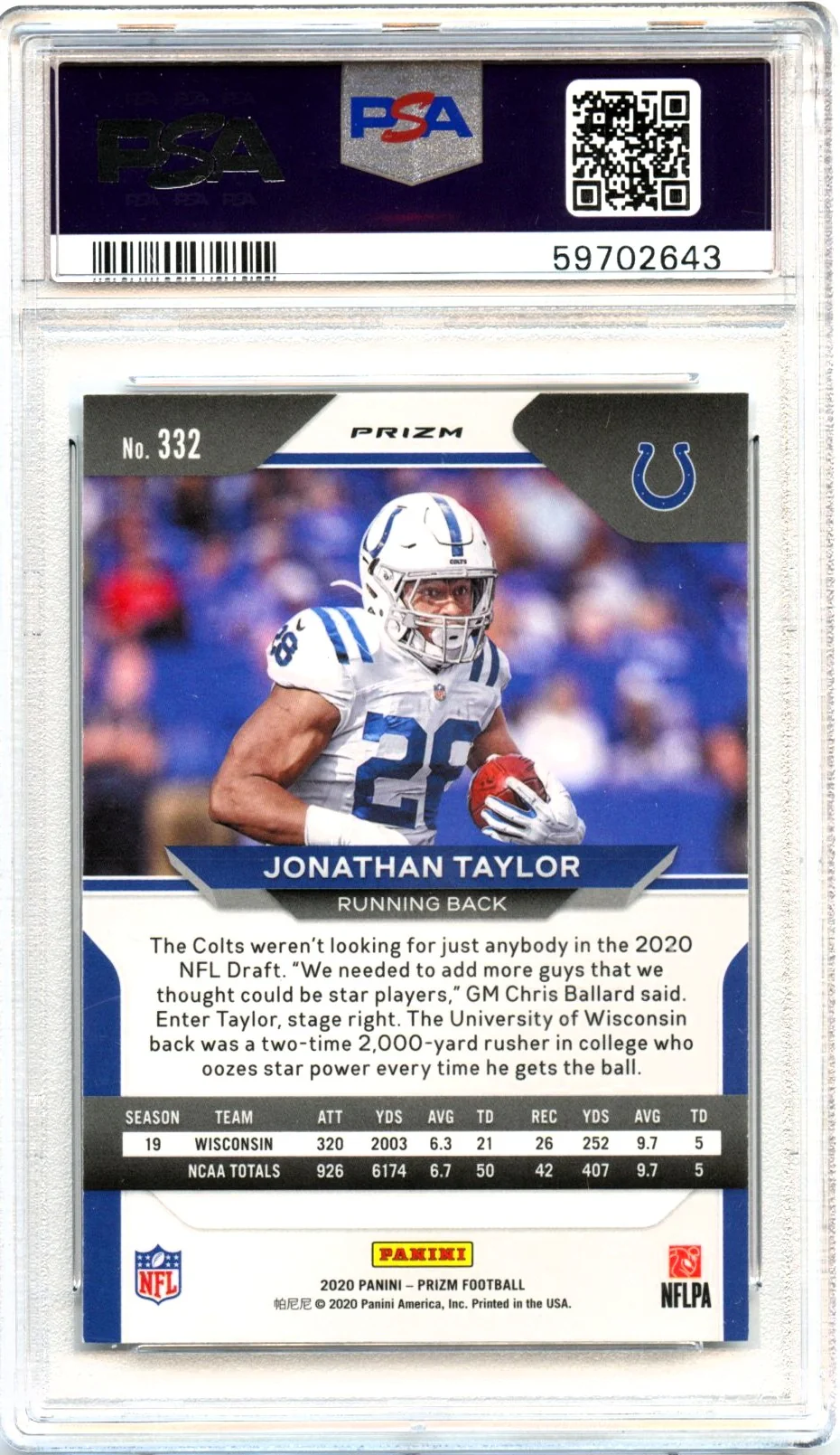Jonathan Taylor RC 2020 Panini Prizm Silver Rookie #332 PSA 9 - Image 2