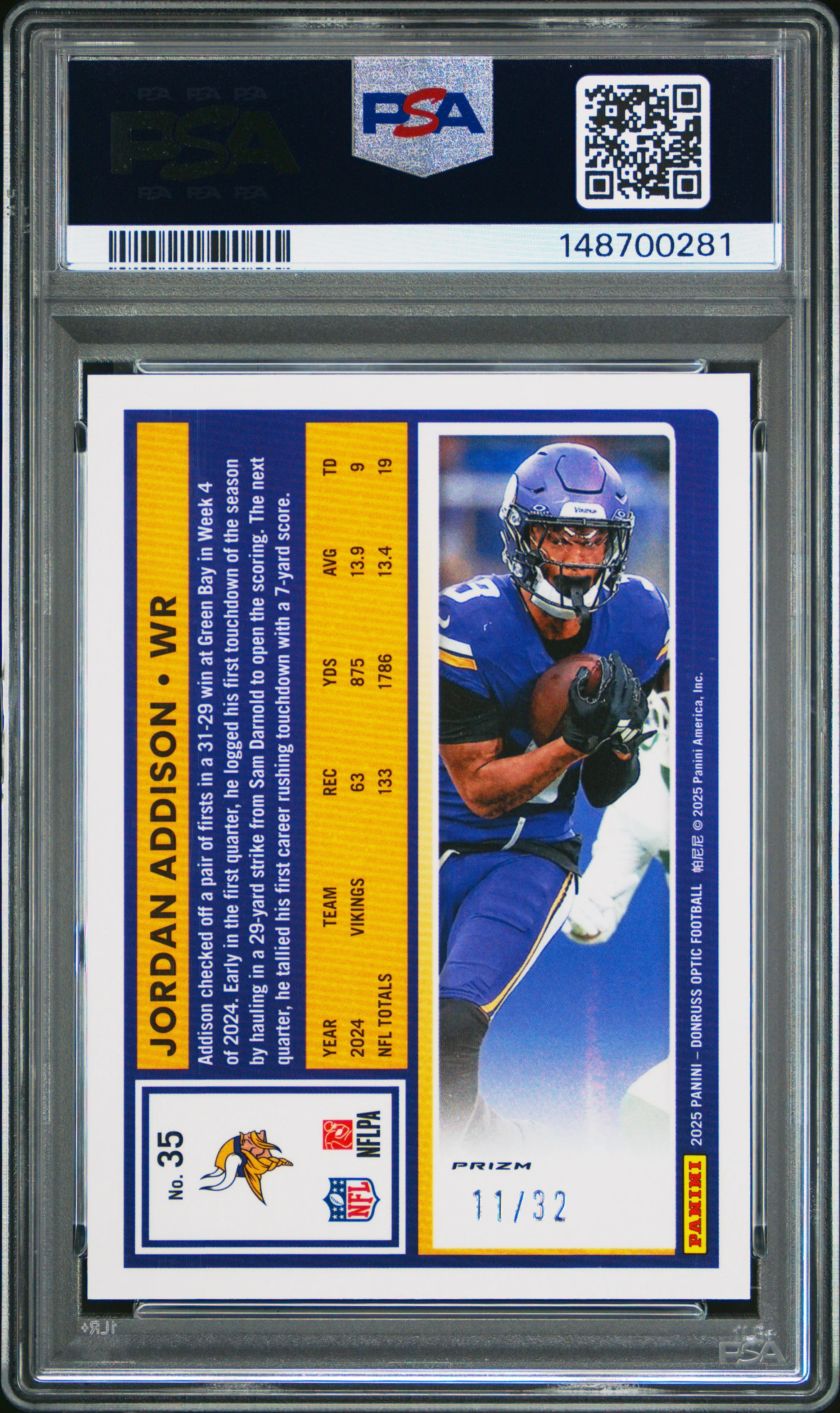 Jordan Addison 2025 Donruss Optic Team Logo Prizm SP 11/32 PSA 10 - Image 2