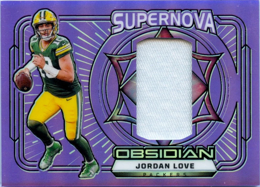 Jordan Love 2024 Panini Obsidian Purple Flood Supernova Jersey Patch SP 37/49