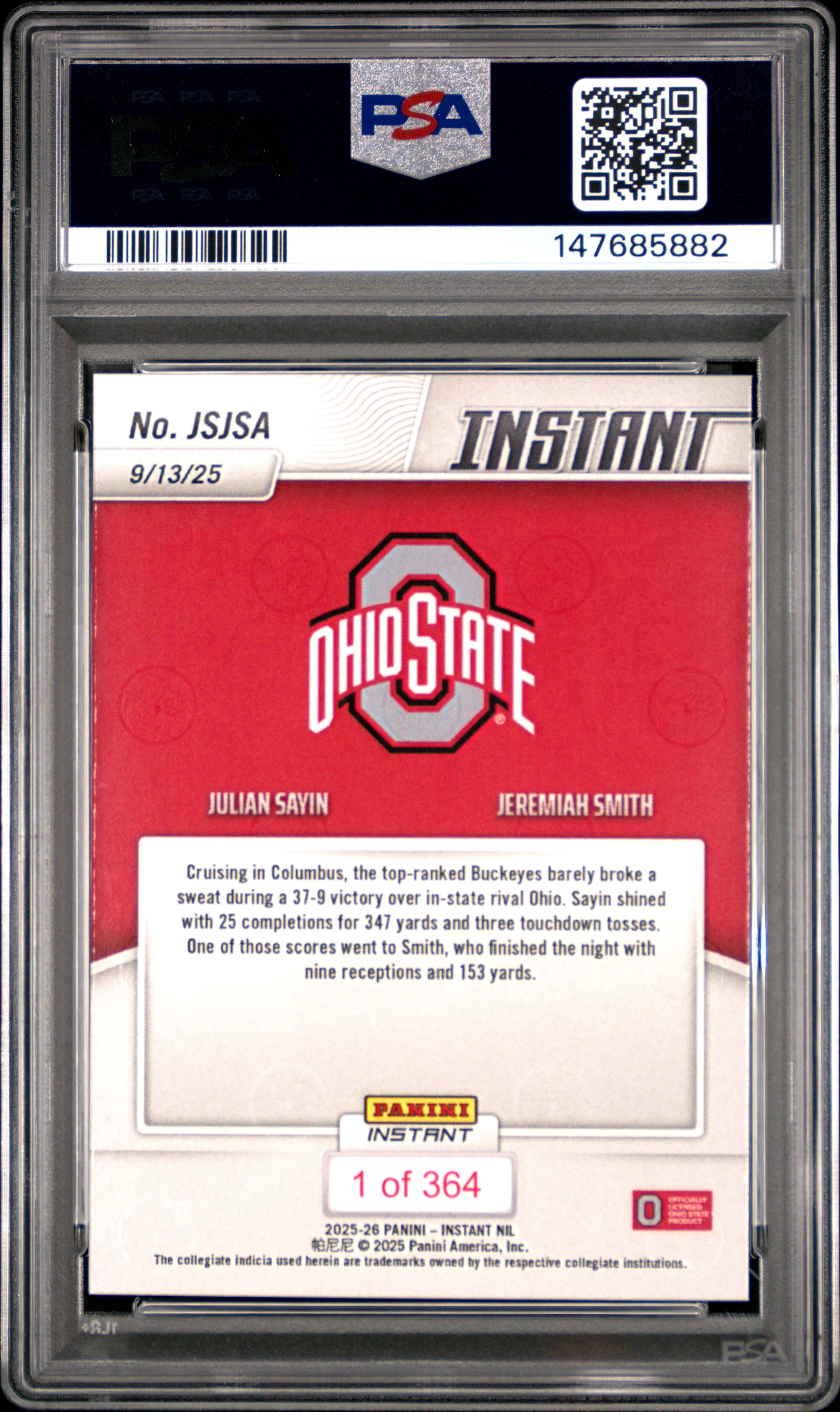 Julian Sayin Jeremiah Smith RC 2025 Panini Instant NIL Rookie SP /364 PSA 10 - Image 2