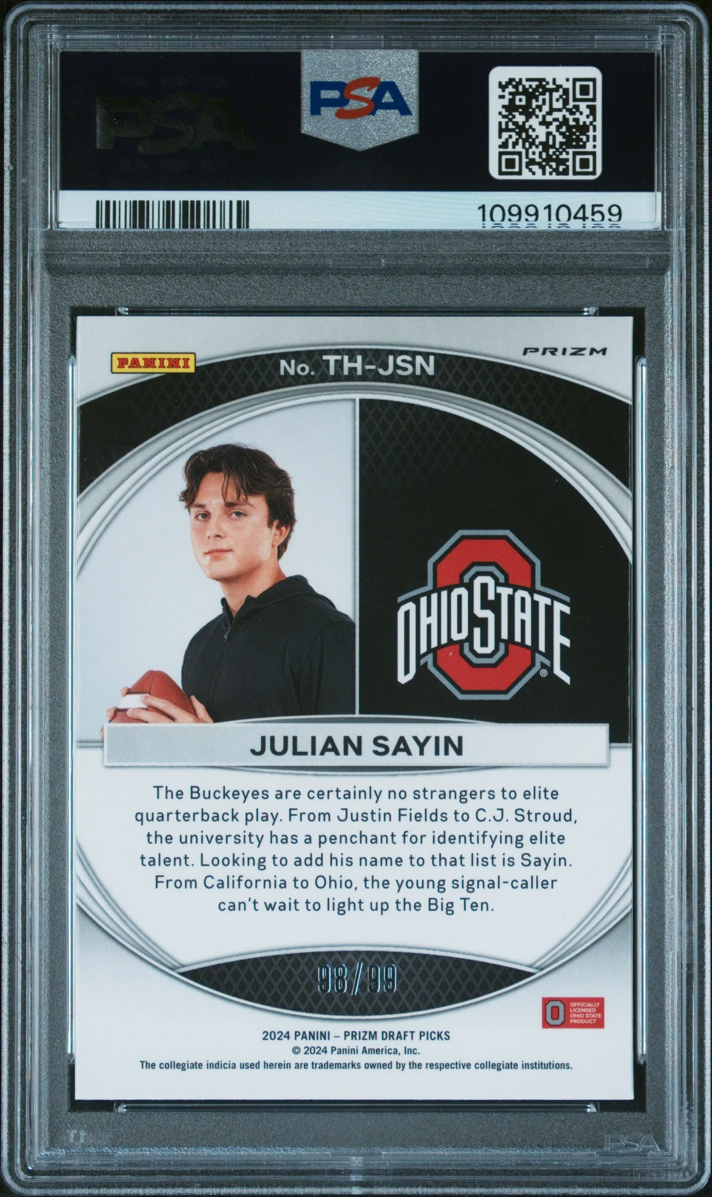 Julian Sayin RC 2024 Panini Prizm Draft Blue Ice Trophy Hunting Rookie SP 98/99 PSA 10 - Image 2