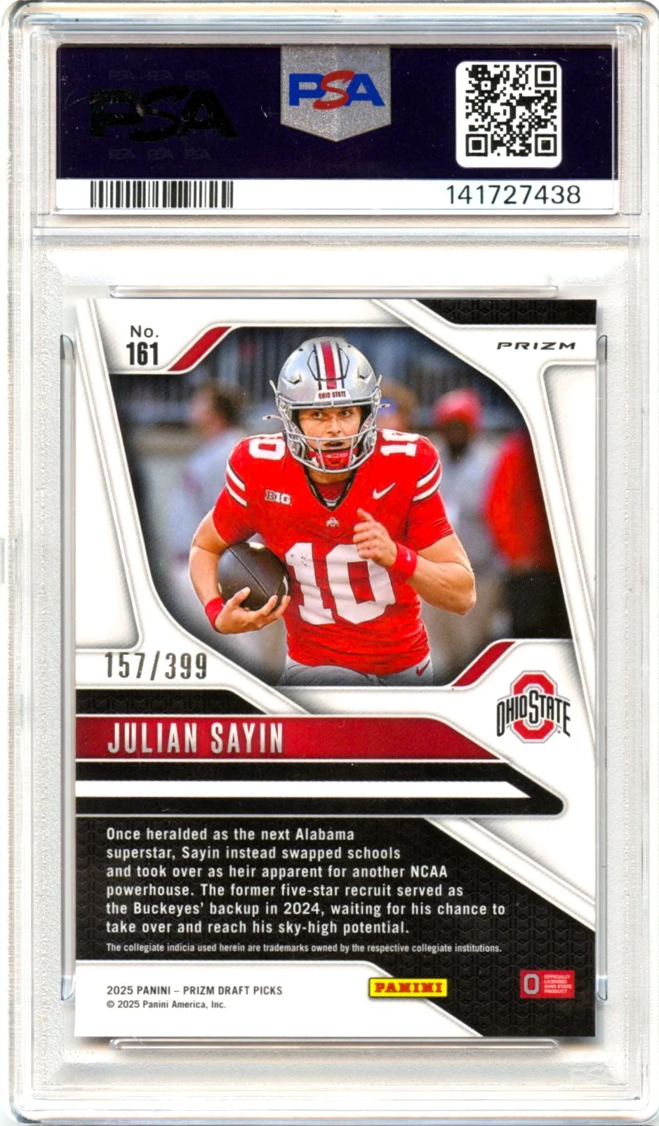 Julian Sayin RC 2025 Panini Prizm Draft Red Rated Prospect Rookie SP 157/399 PSA 10 - Image 2