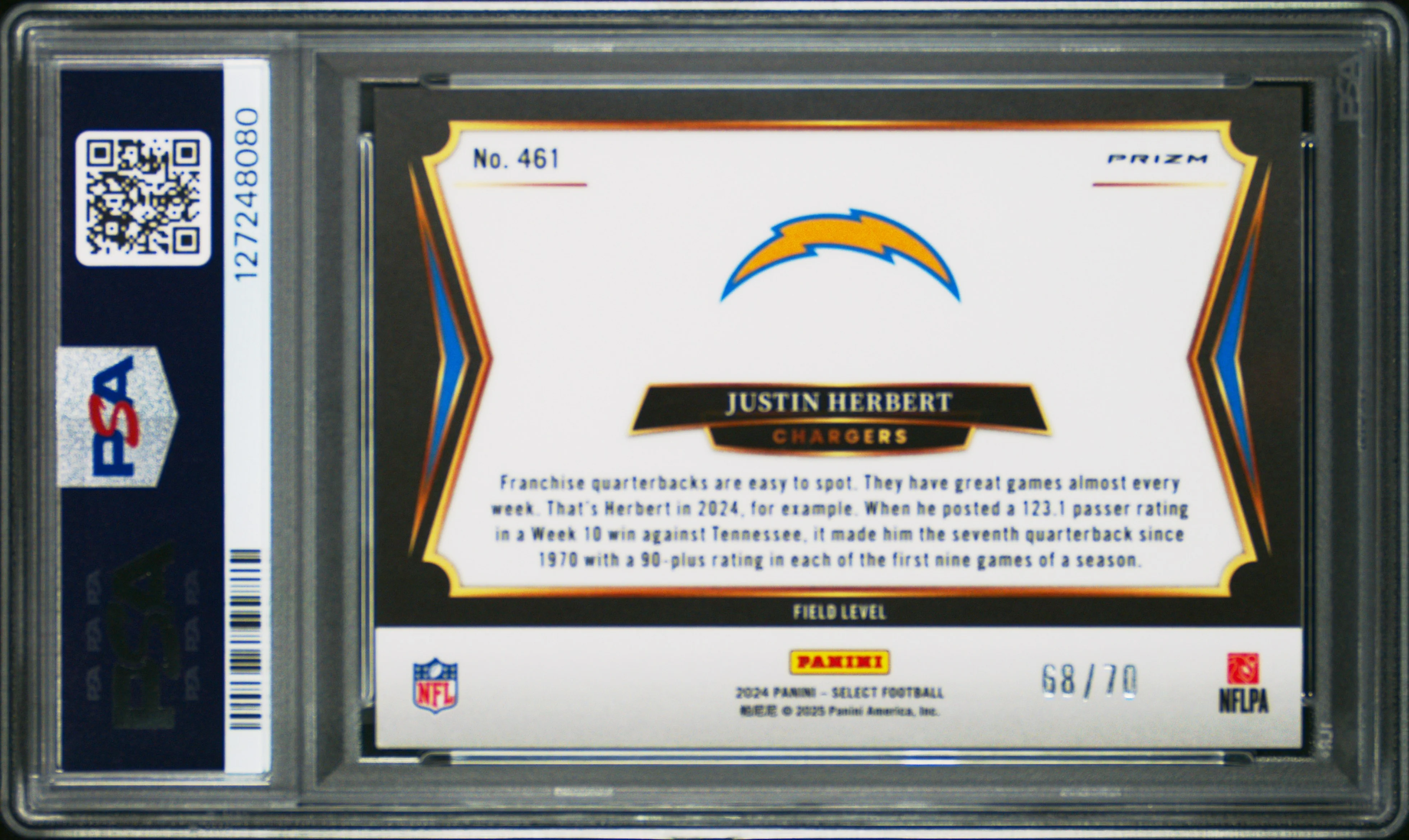 Justin Herbert 2024 Panini Select Field Level Dragon Scale Prizm SP 68/70 PSA 9 - Image 2