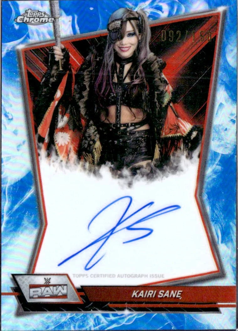 Kairi Sane 2026 Topps Chrome WWE Blue Refractor Red Brand Auto SP 92/150