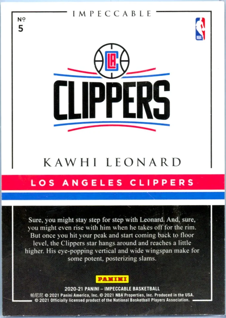 Kawhi Leonard 2020-21 Impeccable Silver Bar SP 1/8 - Image 2