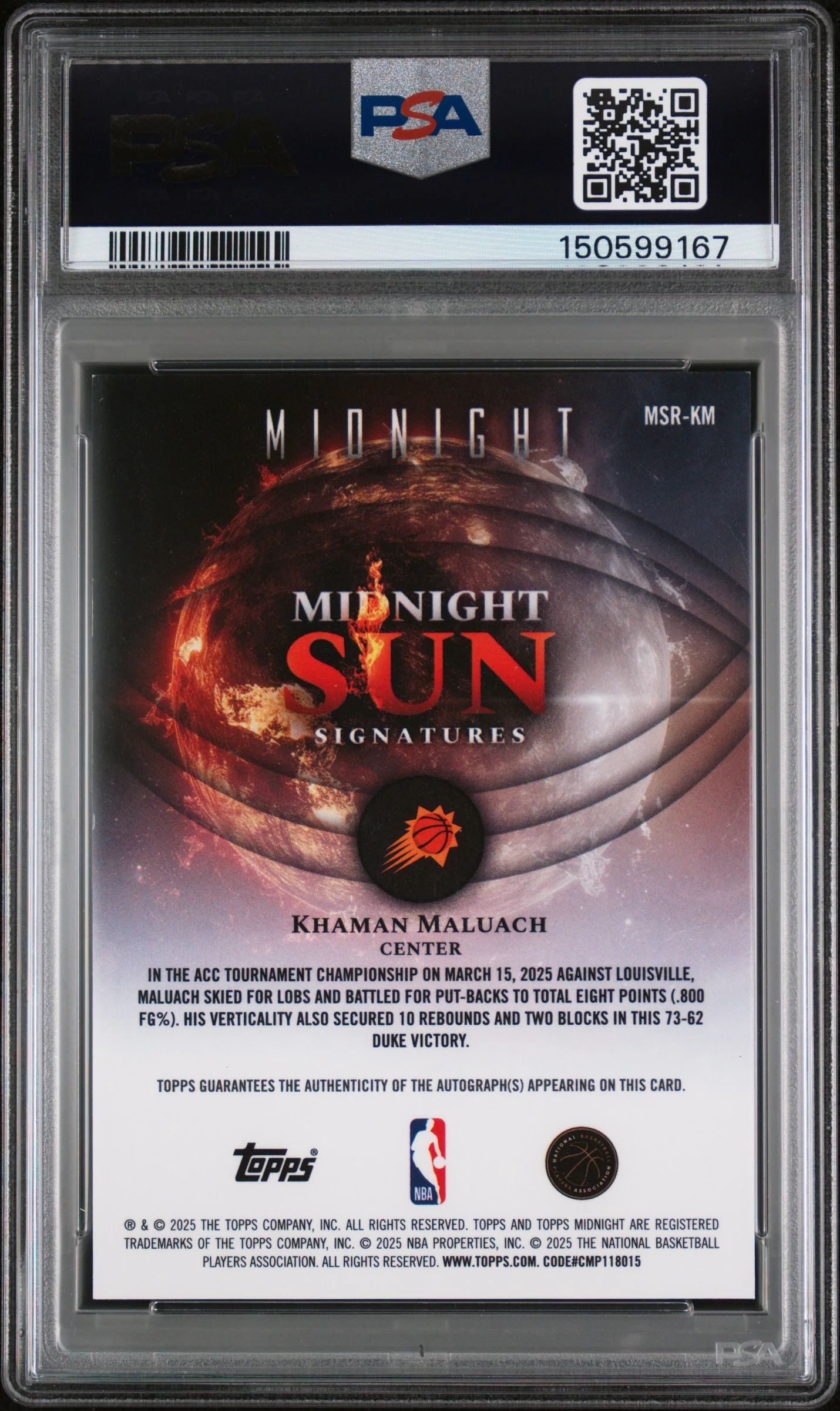 Khaman Maluach RC 2025-26 Topps Midnight Daybreak Midnight Sun Rookie Auto SP 1/5 PSA 8 - Image 2