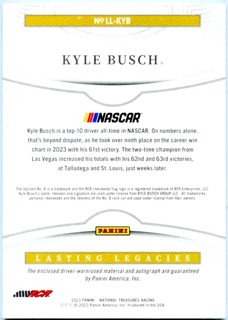 Kyle Busch 2023 National Treasures Lasting Legacies Patch Auto SP 39/99 - Image 2