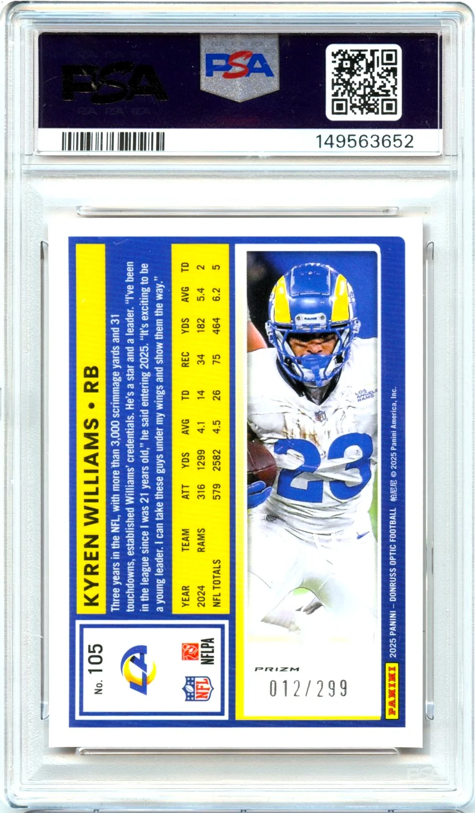 Kyren Williams 2025 Donruss Optic Orange Prizm SP 12/299 PSA 10 - Image 2