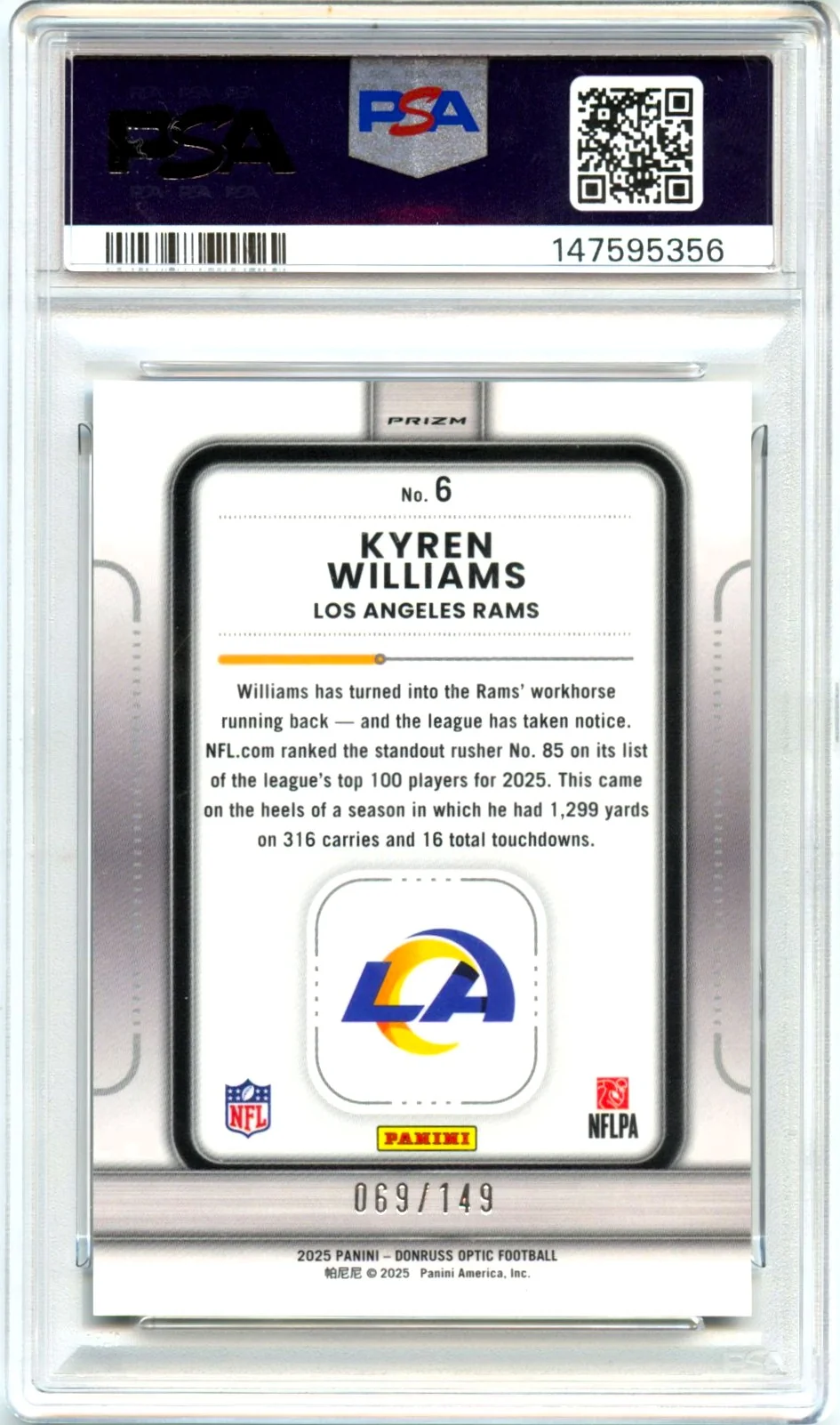 Kyren Williams RC 2025 Donruss Optic Black Pandora Play Action SP 69/149 PSA 10 - Image 2