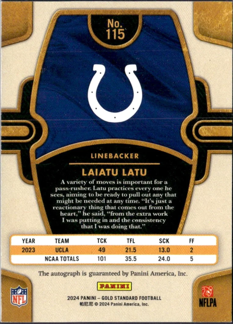 Laiatu Latu RC 2024 Panini Gold Standard Black Rookie Auto SP 1/5 - Image 2