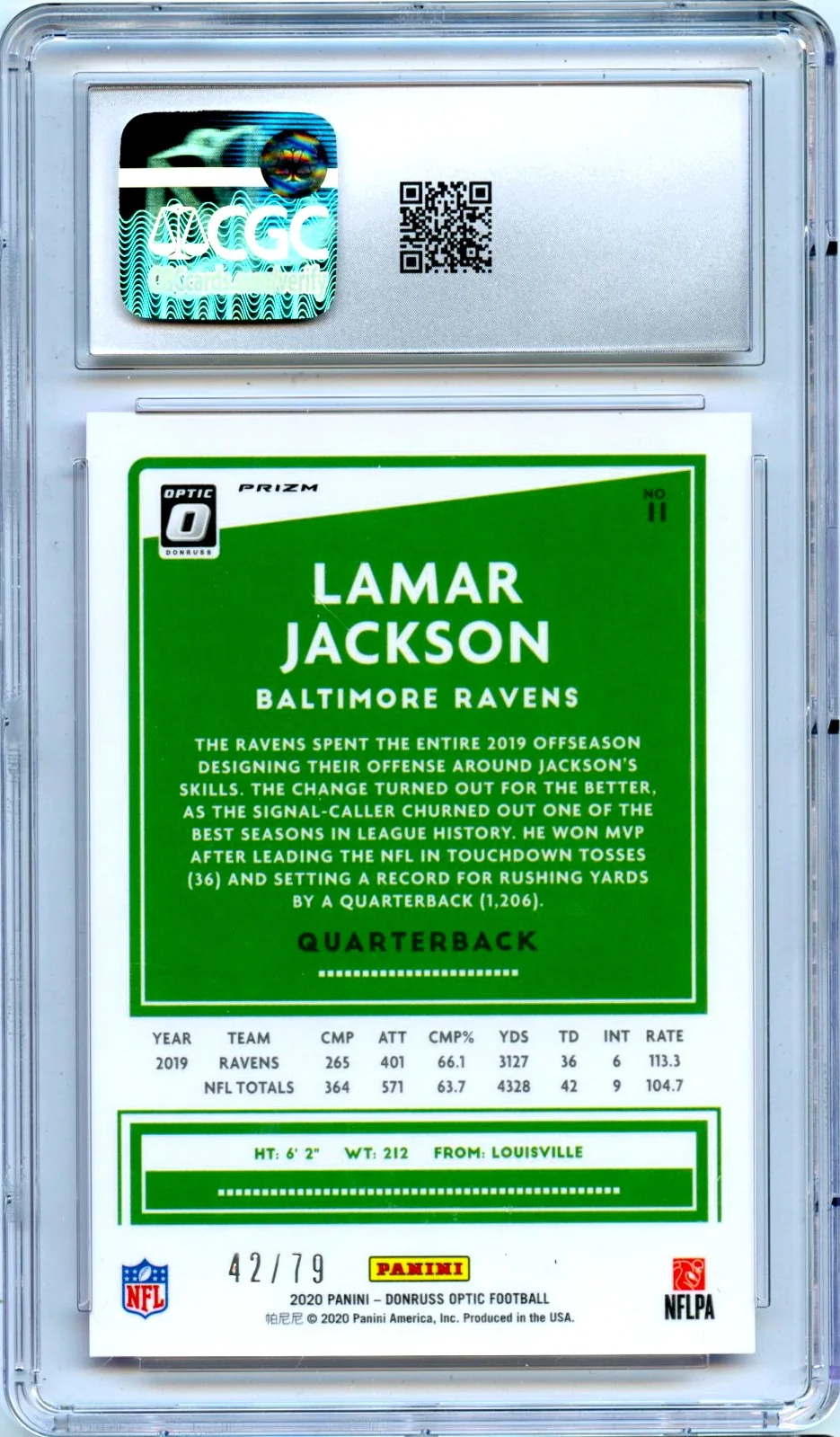 Lamar Jackson 2020 Donruss Optic Pink Velocity Prizm SP 42/79 CGC 10 - Image 2