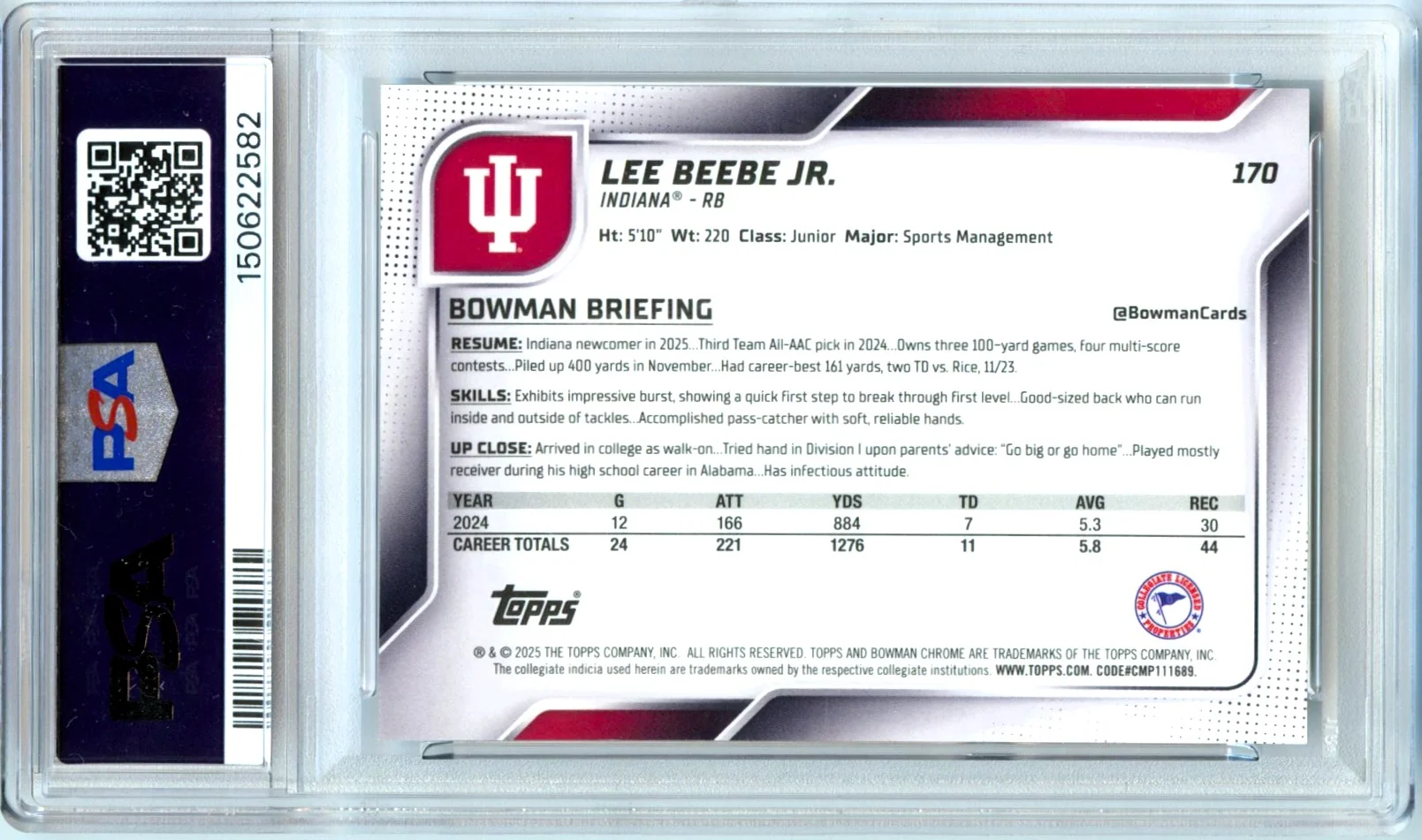 Lee Beebe Jr RC 2025 Bowman U Chrome Sapphire Black Rookie SP 5/10 PSA 9 - Image 2