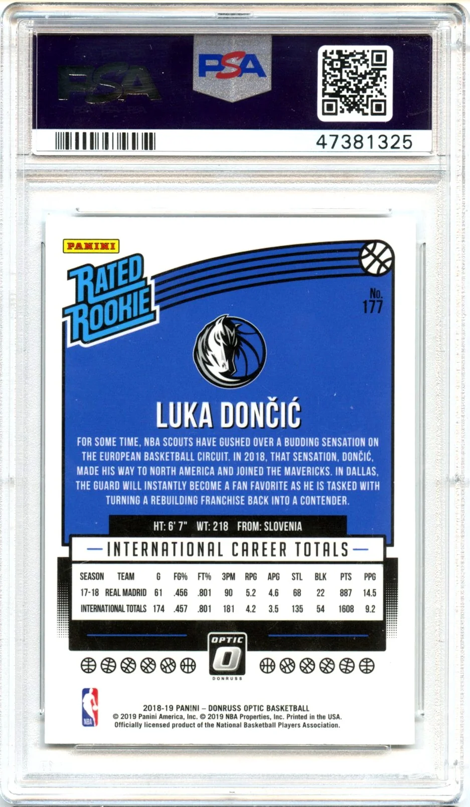 Luka Doncic 2018-19 Donruss Optic Rated Rookie #177 PSA 9 - Image 2