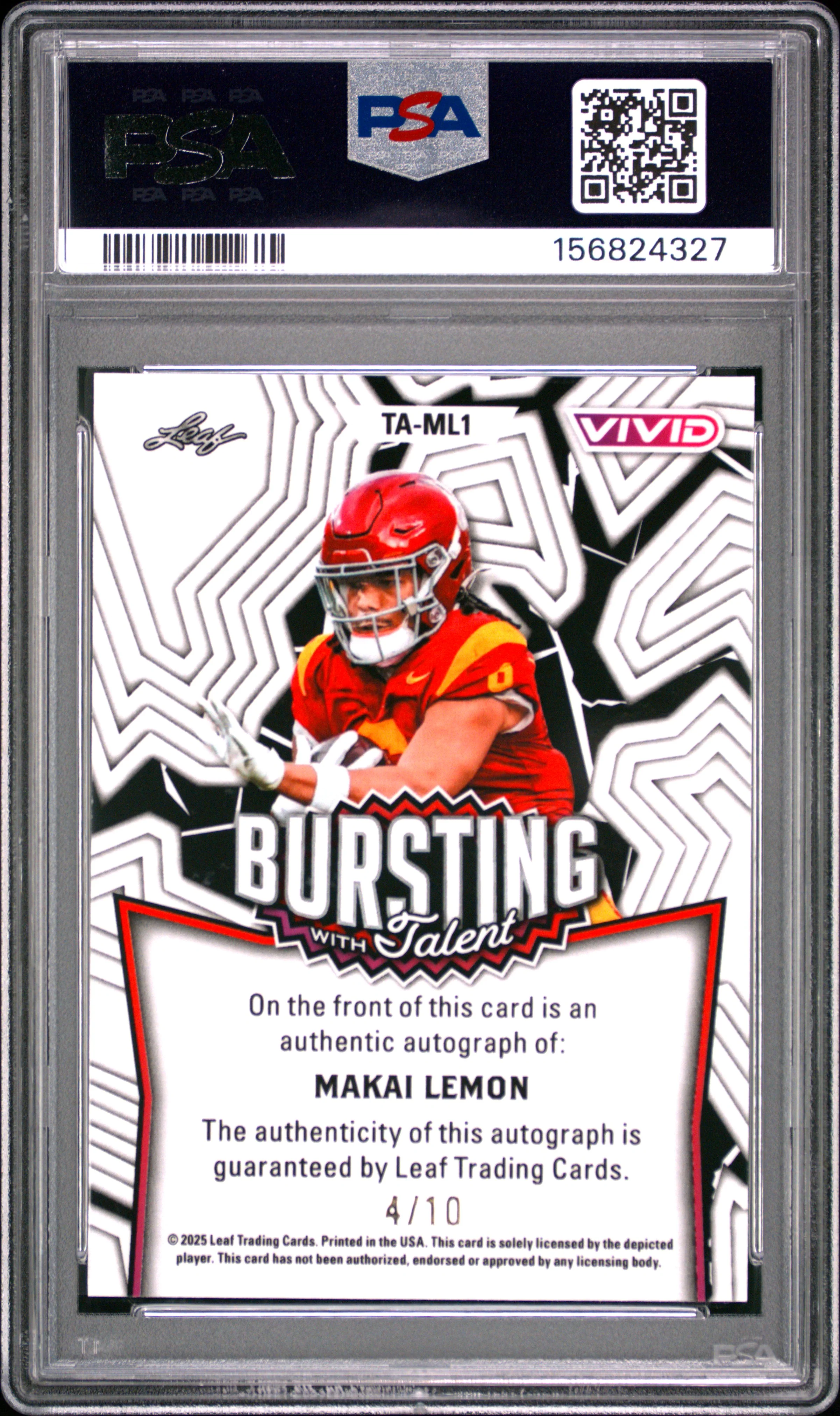 Makai Lemon RC 2025 Leaf Vivid Teal Shimmer Bursting With Talent Rookie Auto SP 4/10 PSA 10 - Image 2