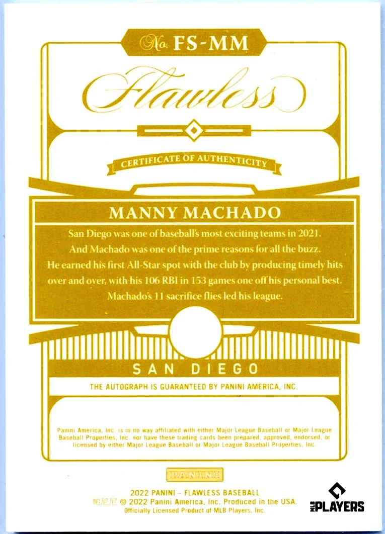 Manny Machado 2022 Flawless Blue On Card Auto SP 6/10 - Image 2