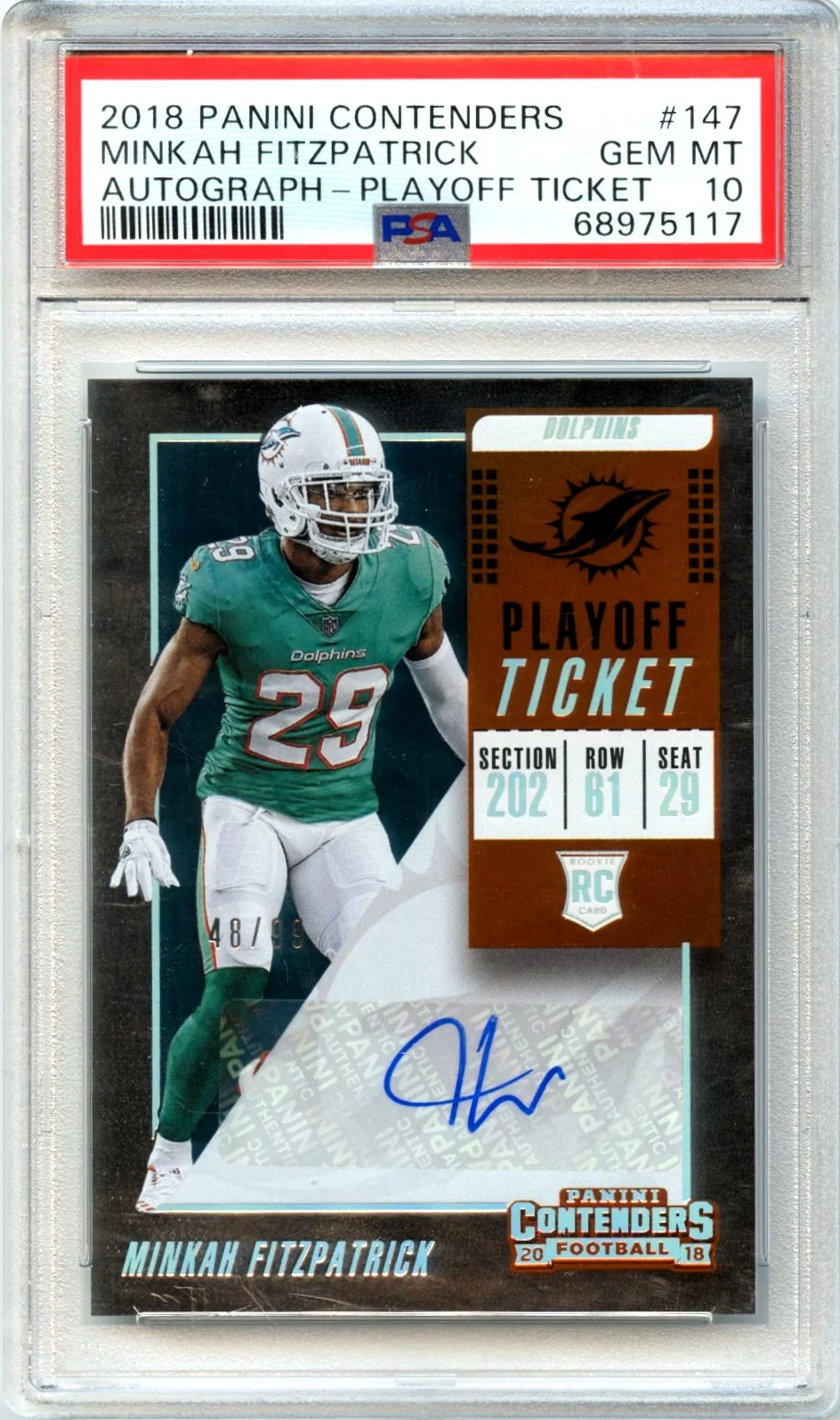 Minkah Fitzpatrick RC 2018 Panini Contenders Playoff Ticket Rookie Auto SP 48/99 PSA 10