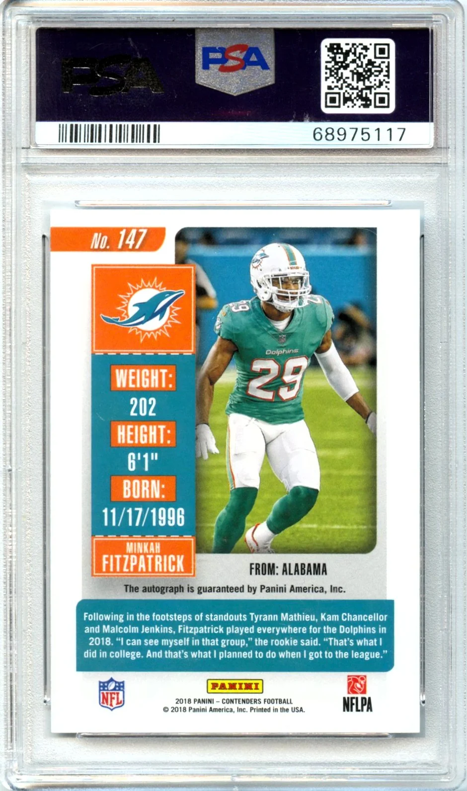 Minkah Fitzpatrick RC 2018 Panini Contenders Playoff Ticket Rookie Auto SP 48/99 PSA 10 - Image 2