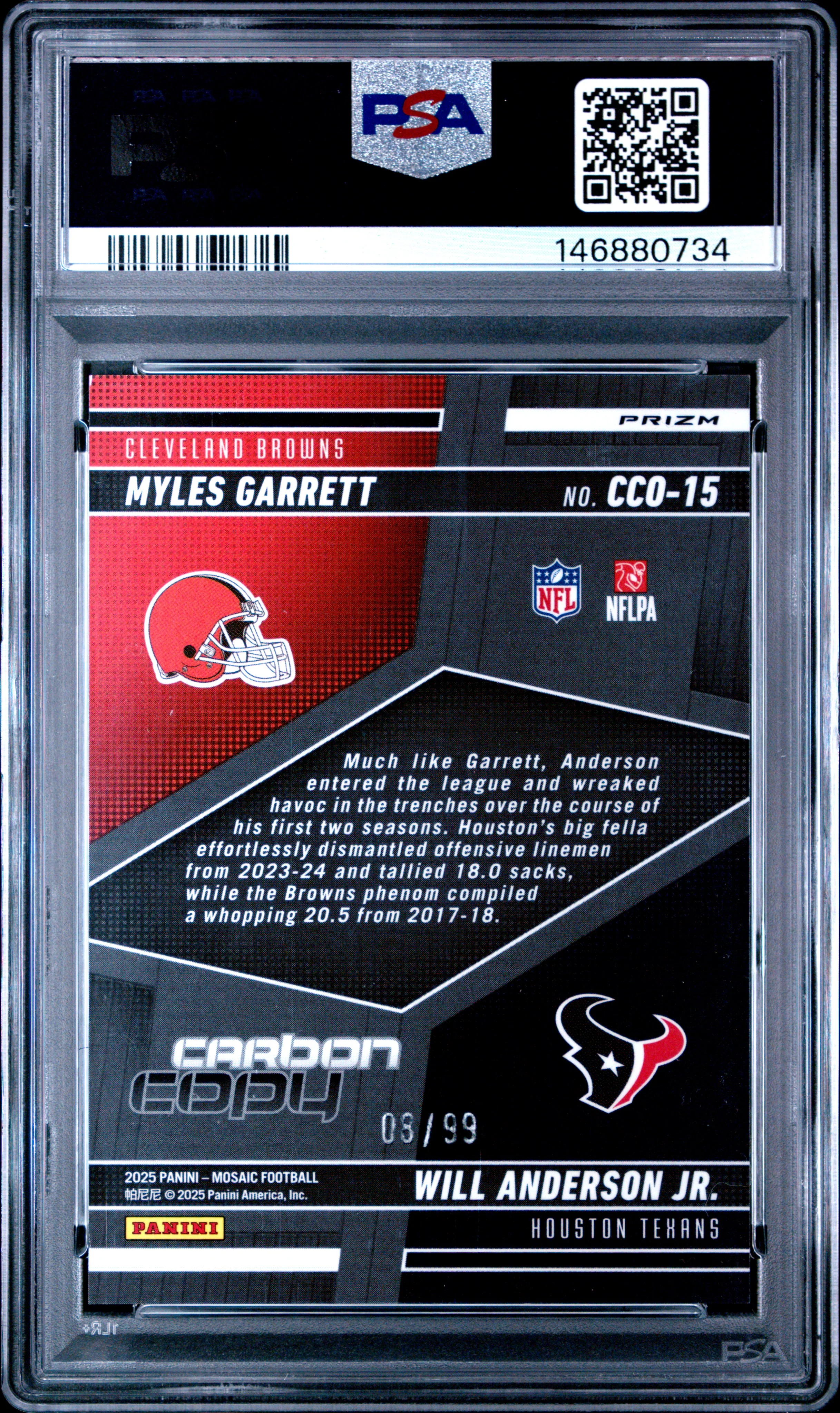 Myles Garrett Will Anderson Jr 2025 Panini Mosaic Blue Carbon Copy SP 8/99 PSA 10 - Image 2
