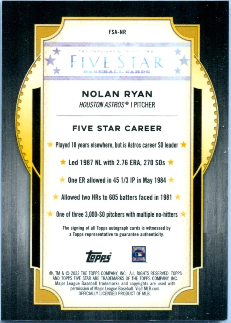 Nolan Ryan 2022 Topps Five Star Purple Auto SP 41/50 - Image 2