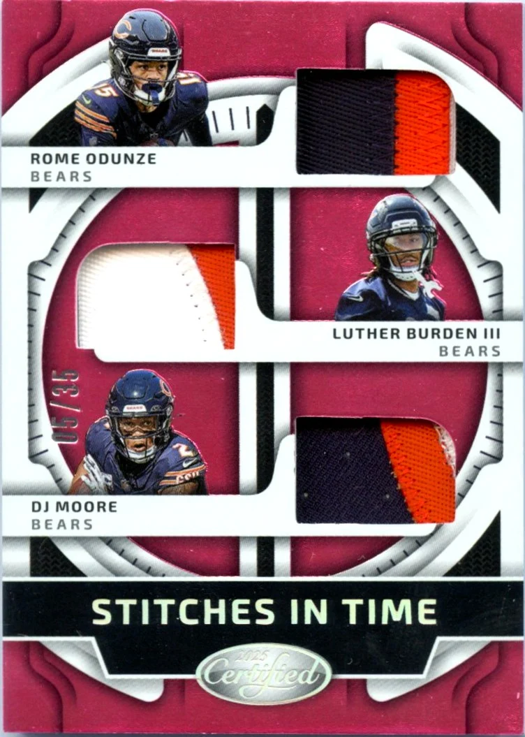 Odunze Burden III Moore 2025 Panini Certified Pink Stitches In Time Triple Patch SP 5/35