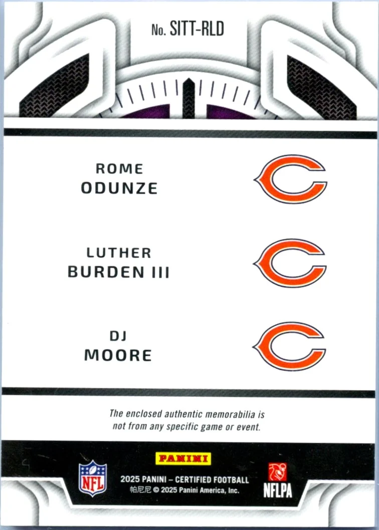 Odunze Burden III Moore 2025 Panini Certified Pink Stitches In Time Triple Patch SP 5/35 - Image 2