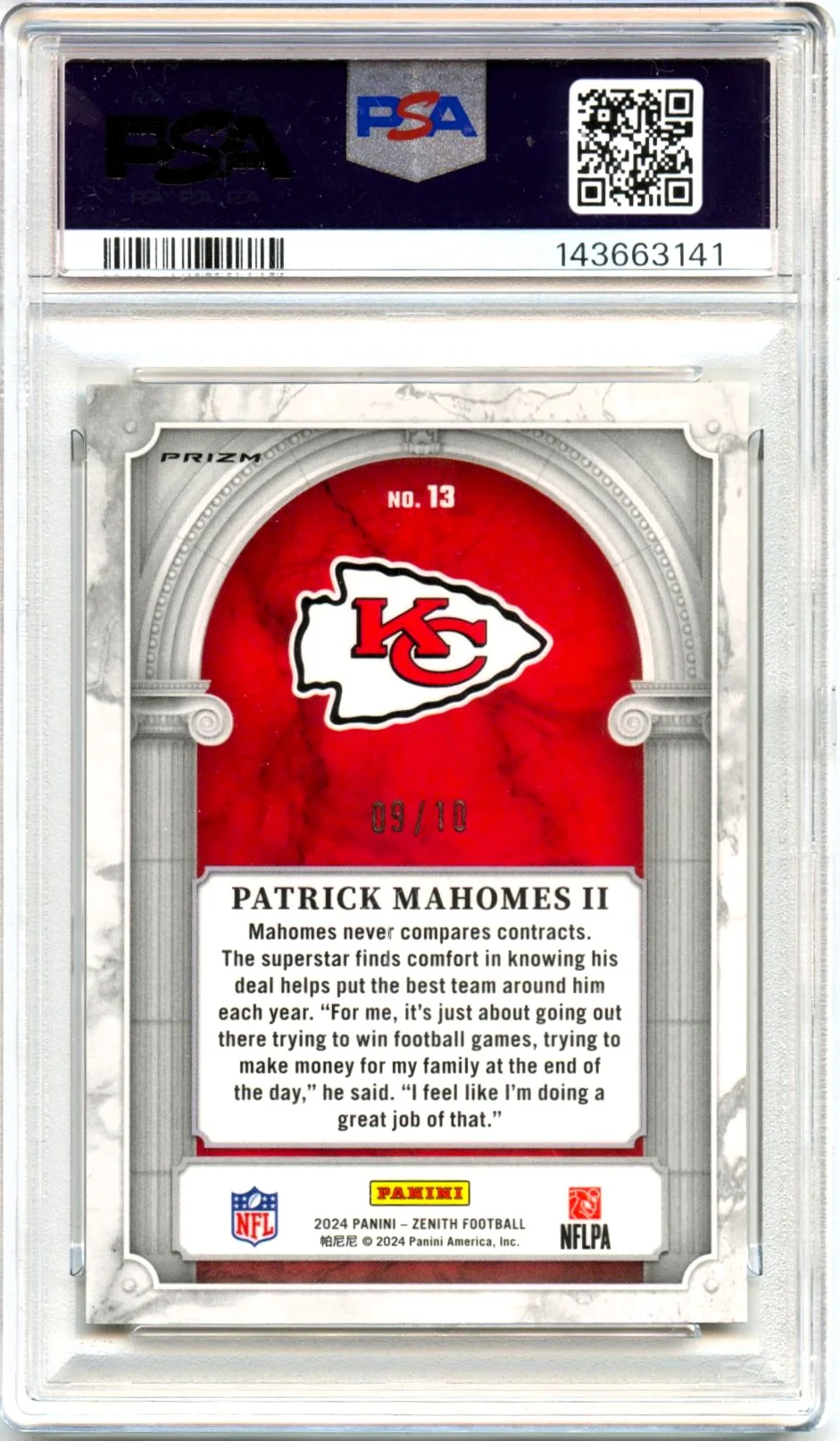 Patrick Mahomes II 2024 Panini Zenith Gold Z Marquee SP 9/10 PSA 8 - Image 2