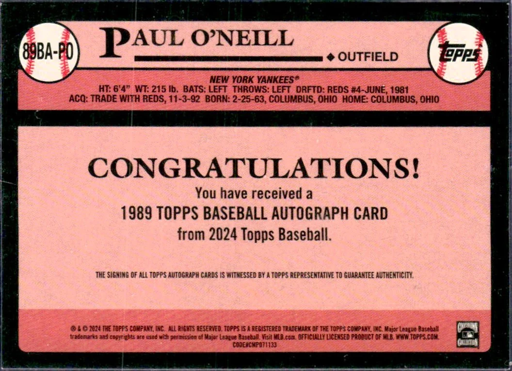 Paul O'Neill 2024 Topps 1989 Throwback On Card Auto - Image 2