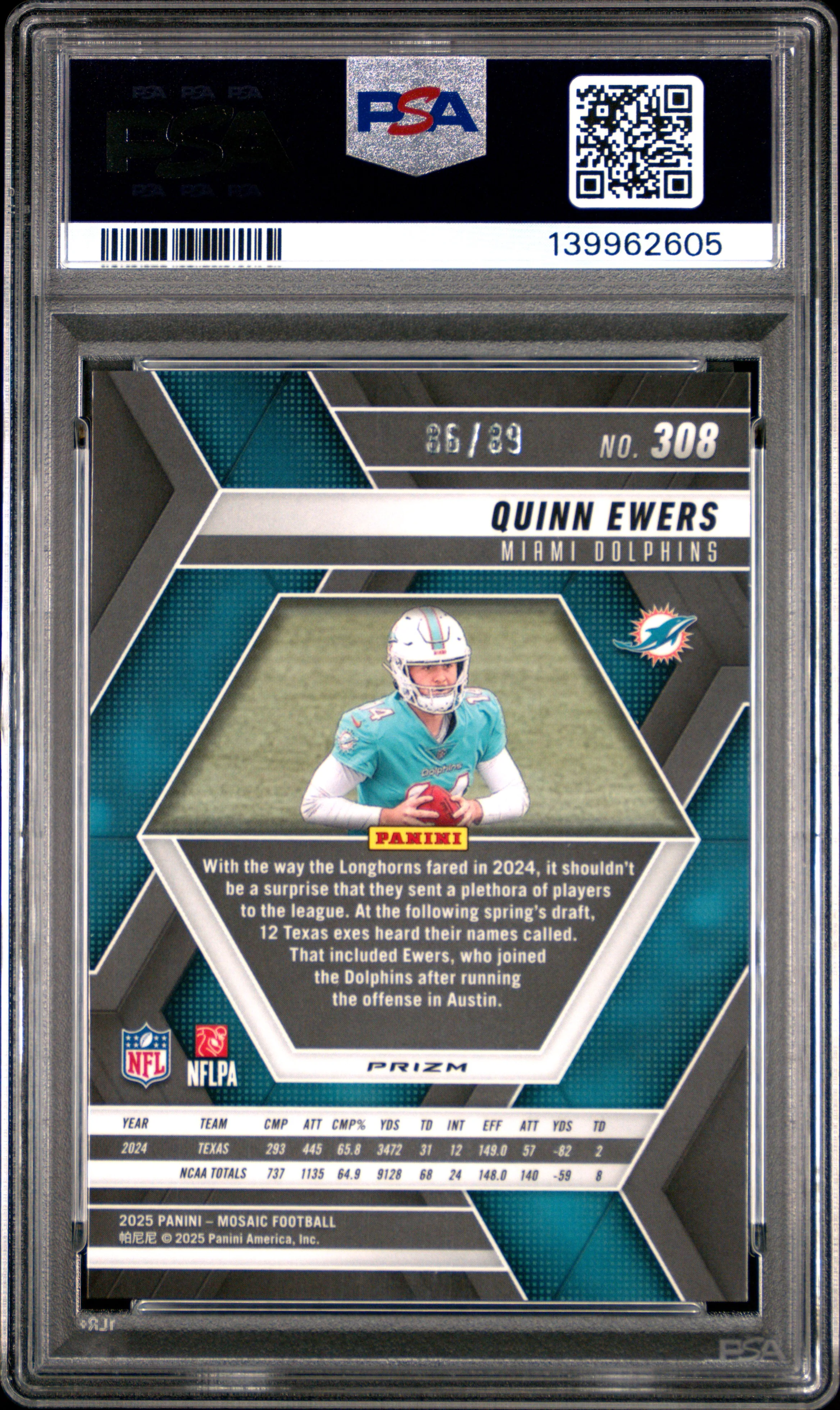 Quinn Ewers RC 2025 Panini Mosaic Red Yellow Fusion Rookie SP 86/89 PSA 10 - Image 2