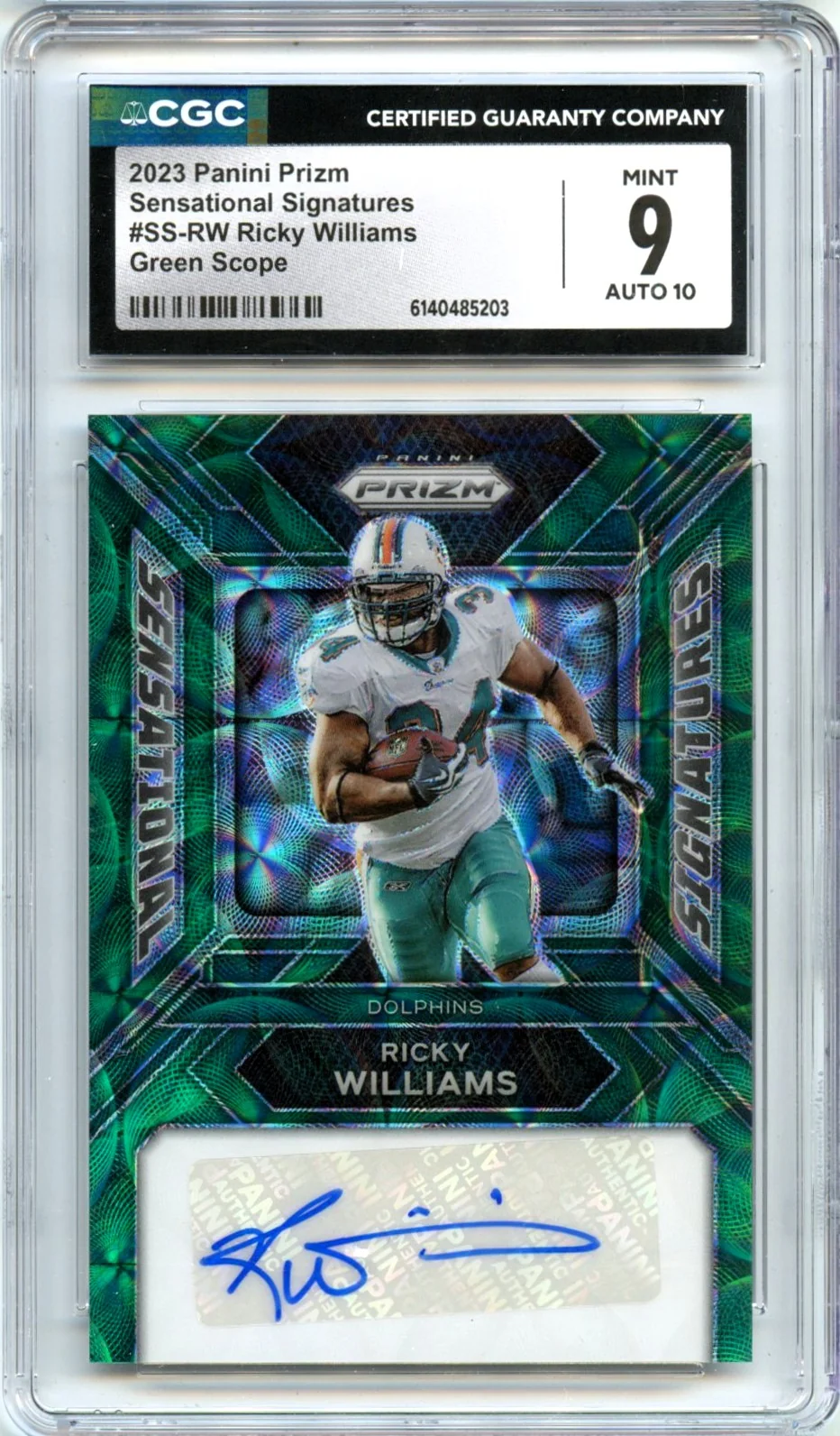 Ricky Williams 2023 Panini Prizm Green Scope Sensational Auto SP 48/75 CGC 9