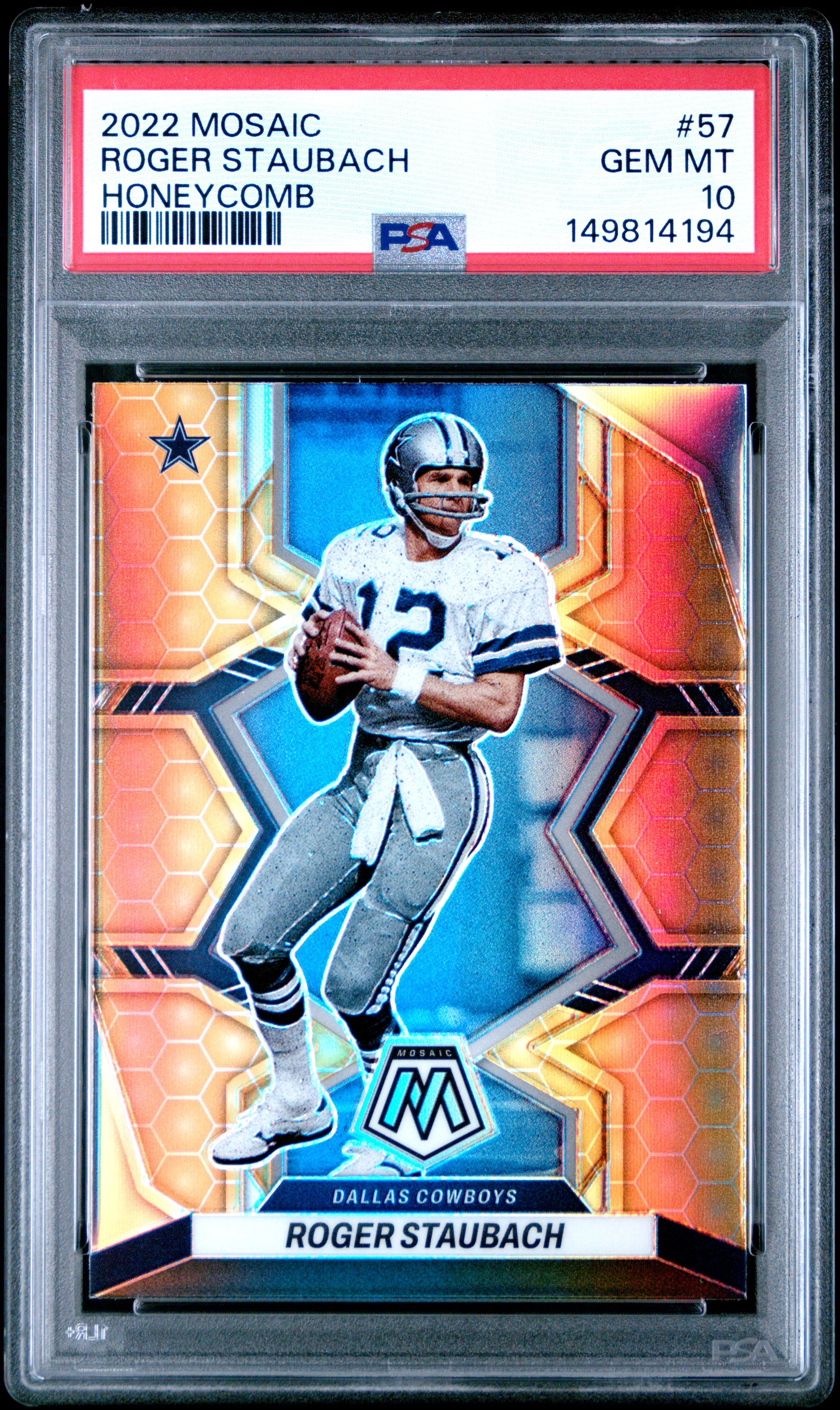 Roger Staubach 2022 Panini Mosaic Honeycomb Prizm SSP #57 PSA 10