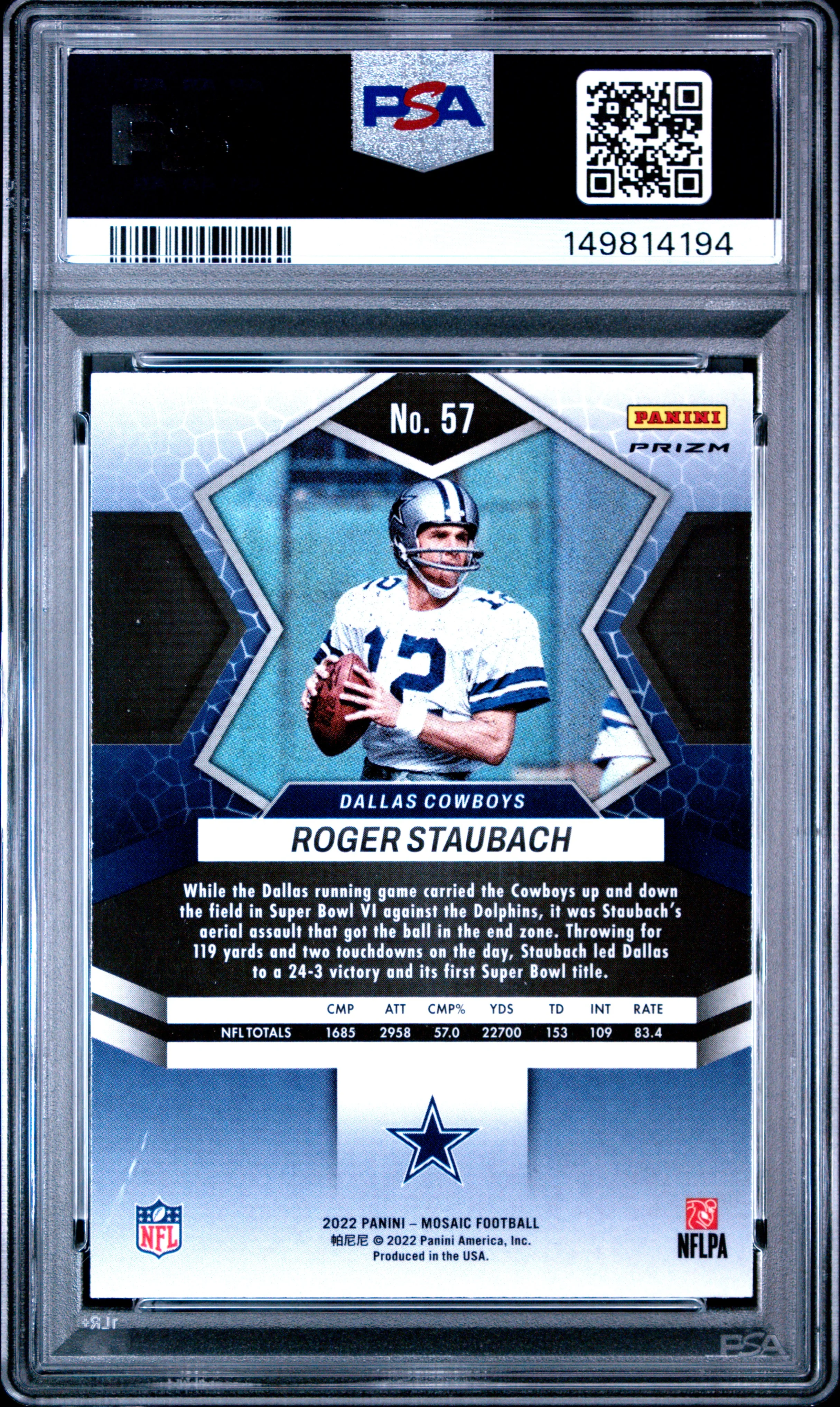 Roger Staubach 2022 Panini Mosaic Honeycomb Prizm SSP #57 PSA 10 - Image 2
