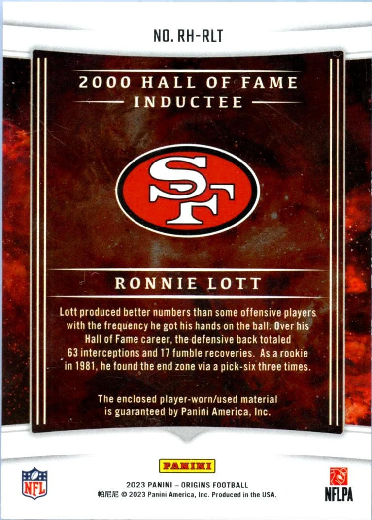 Ronnie Lott 2023 Panini Origins Gold Hall Of Fame Patch SP 1/10 - Image 2
