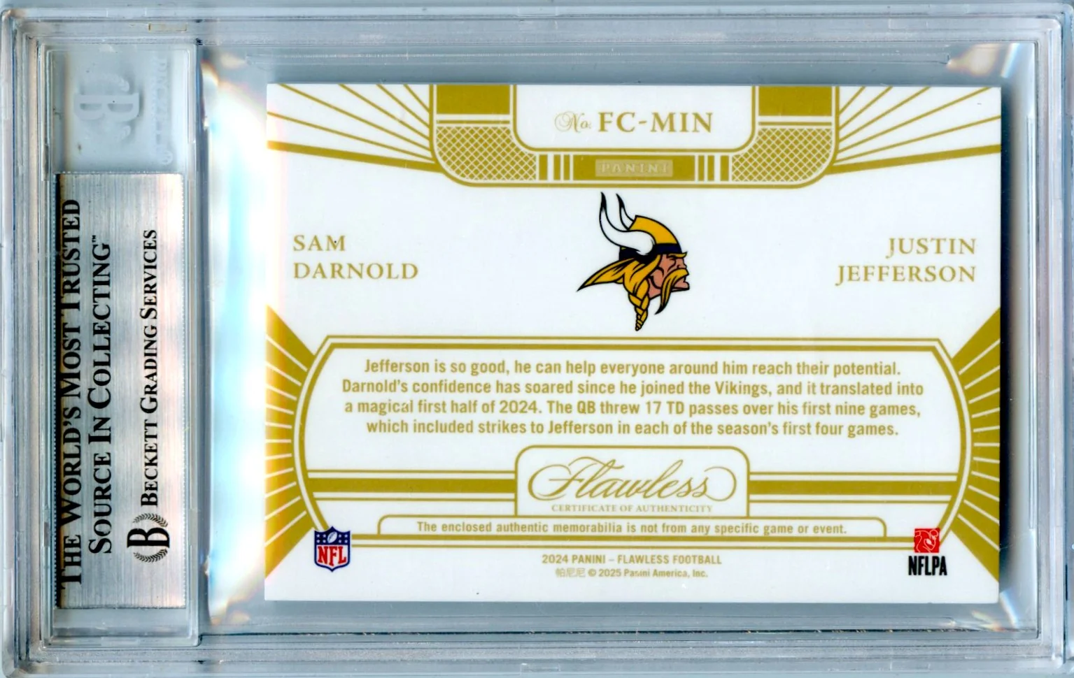 Sam Darnold Justin Jefferson 2024 Flawless Gold Connections Dual Patch SP 10/15 BGS 8.5 - Image 2