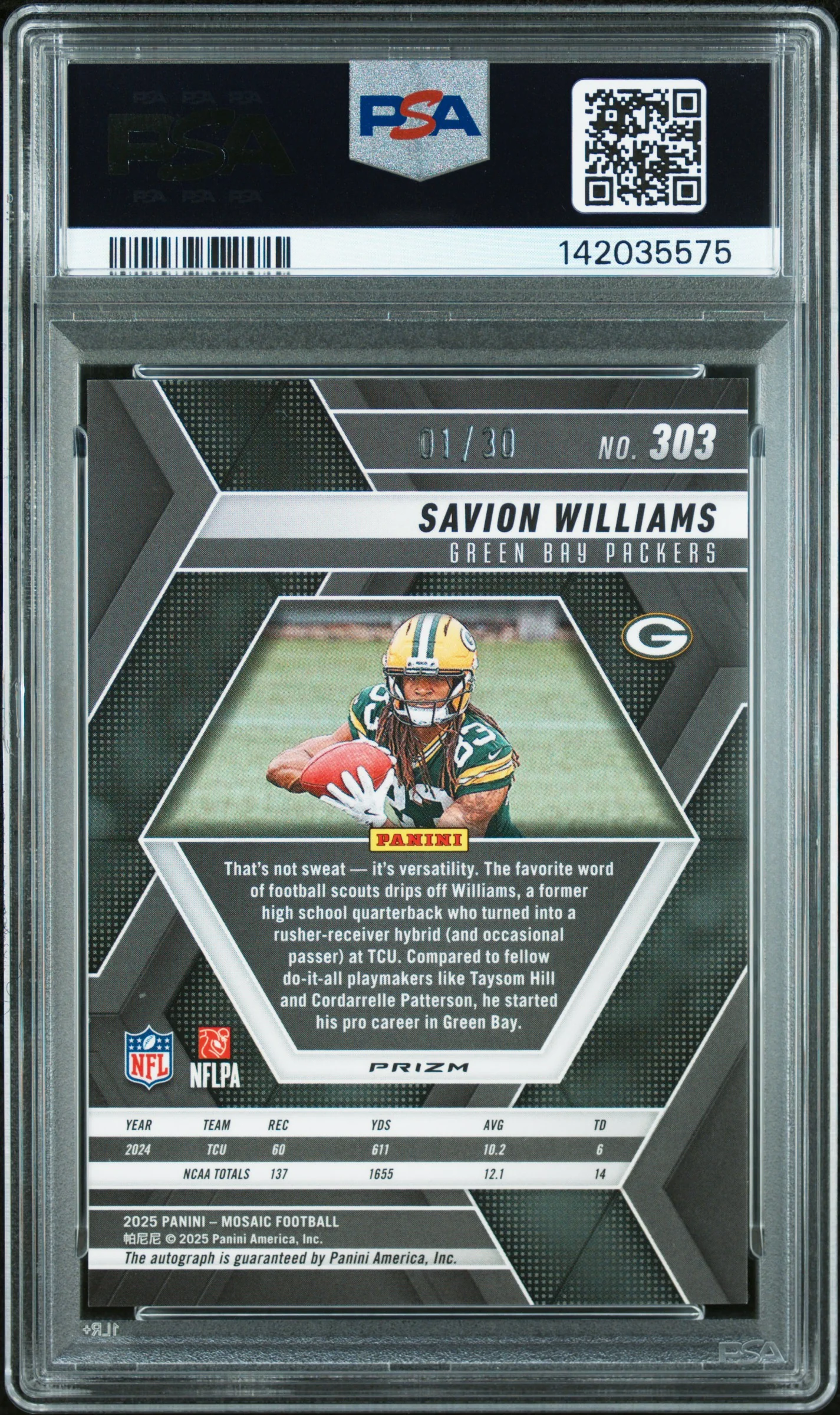 Savion Williams RC 2025 Panini Mosaic Green Spectris FOTL Rookie Auto SP 1/30 PSA 10 - Image 2