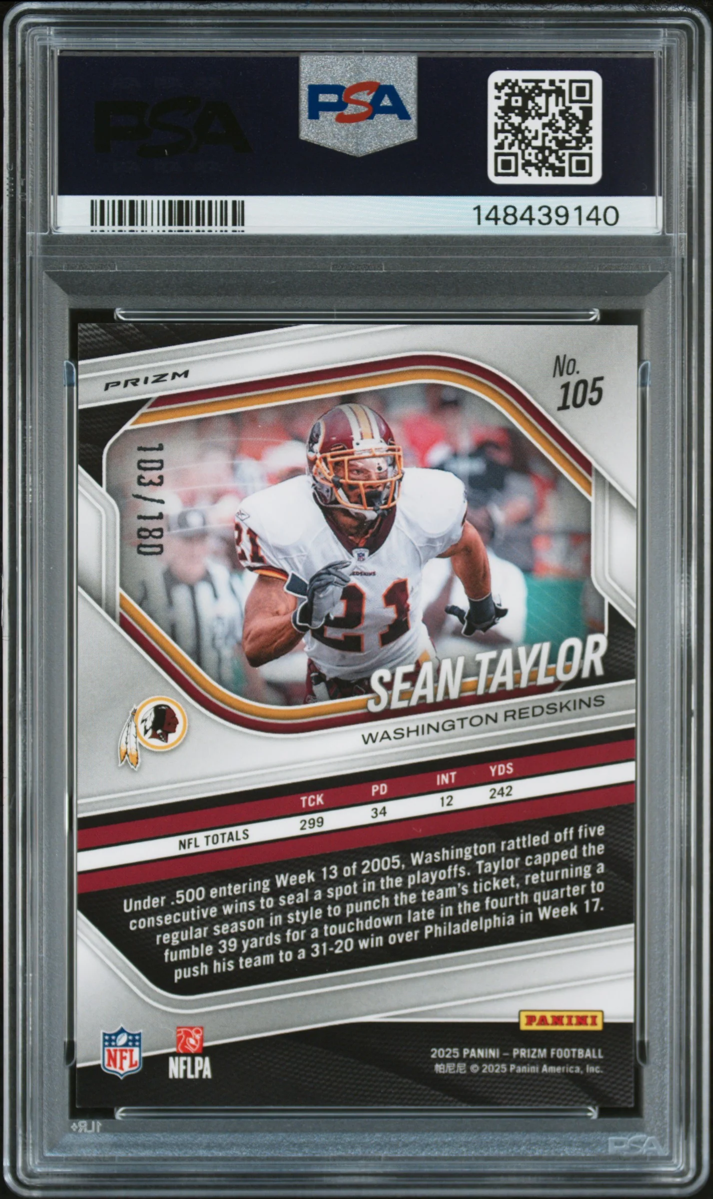 Sean Taylor 2025 Panini Prizm Pigskin SP 103/180 PSA 9 - Image 2