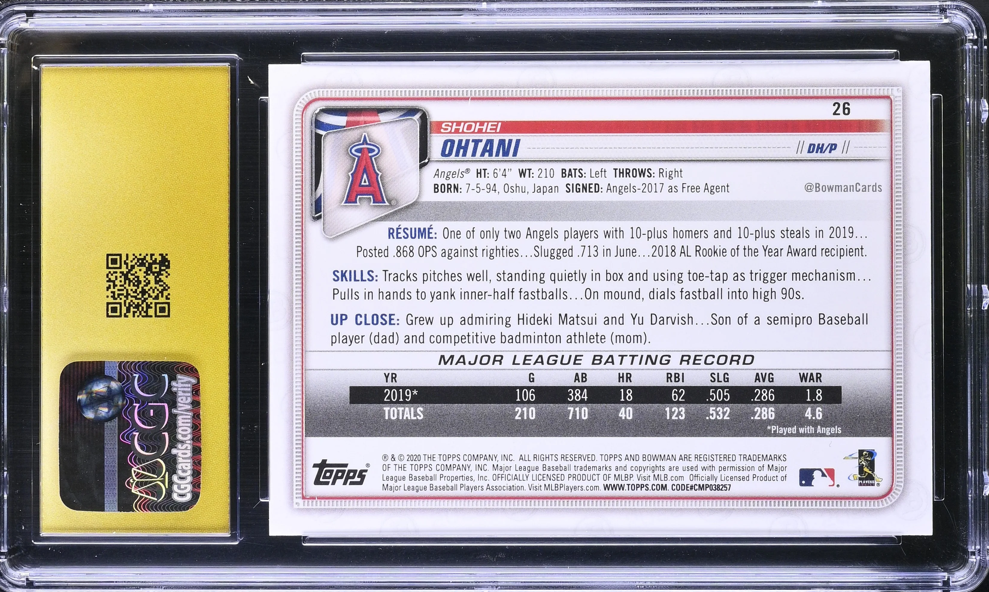 Shoehi Ohtani 2020 Bowman Paper #26 CGC 10 Pristine - Image 2