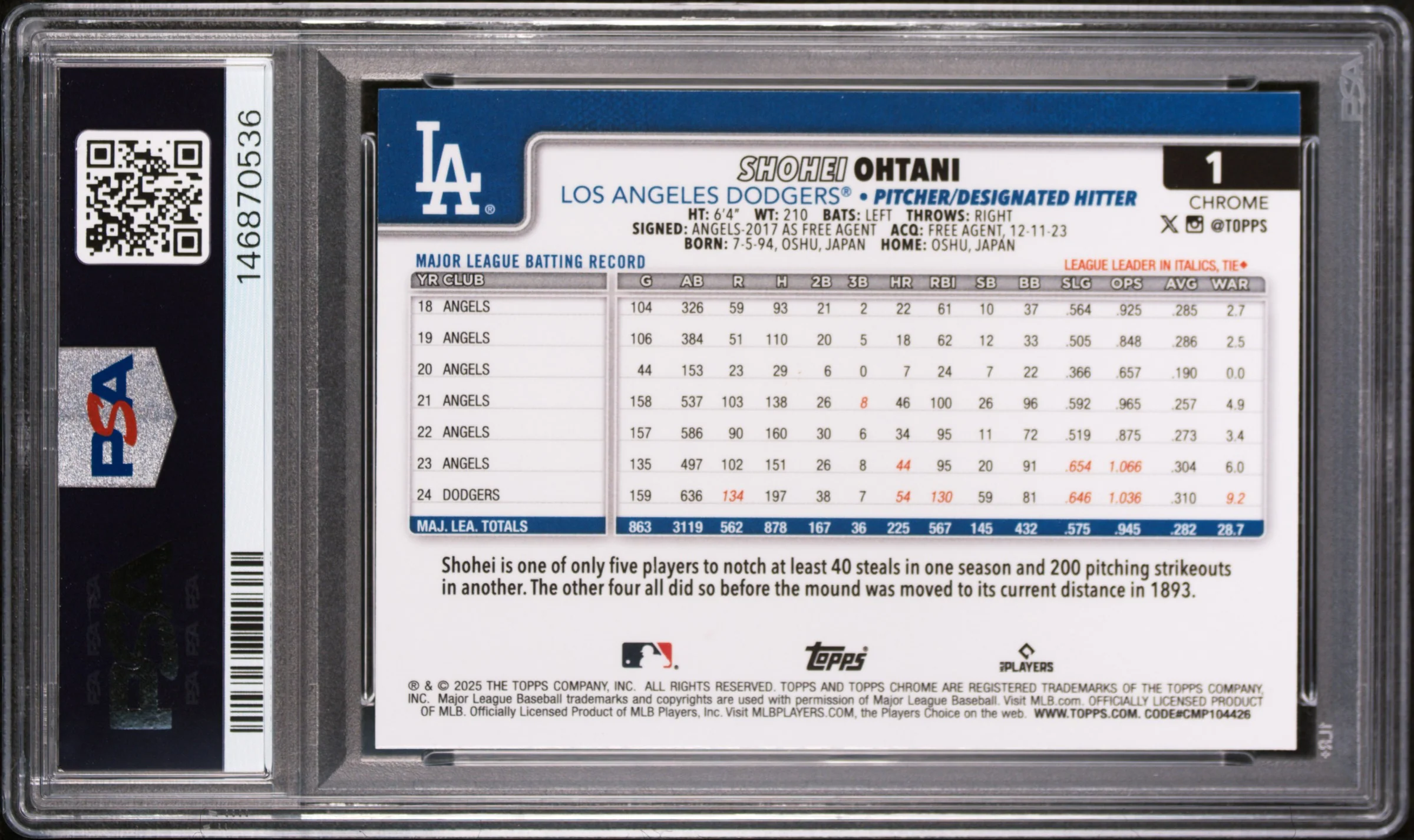 Shohei Ohtani 2025 Topps Chrome Xfractor #1 PSA 8 - Image 2