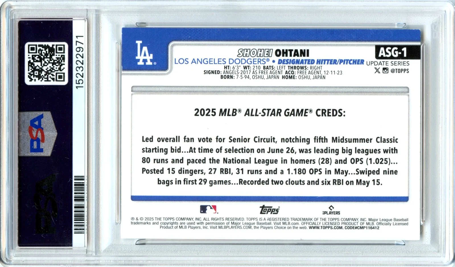 Shohei Ohtani 2025 Topps Update 2025 All Star Game #1 PSA 8 - Image 2