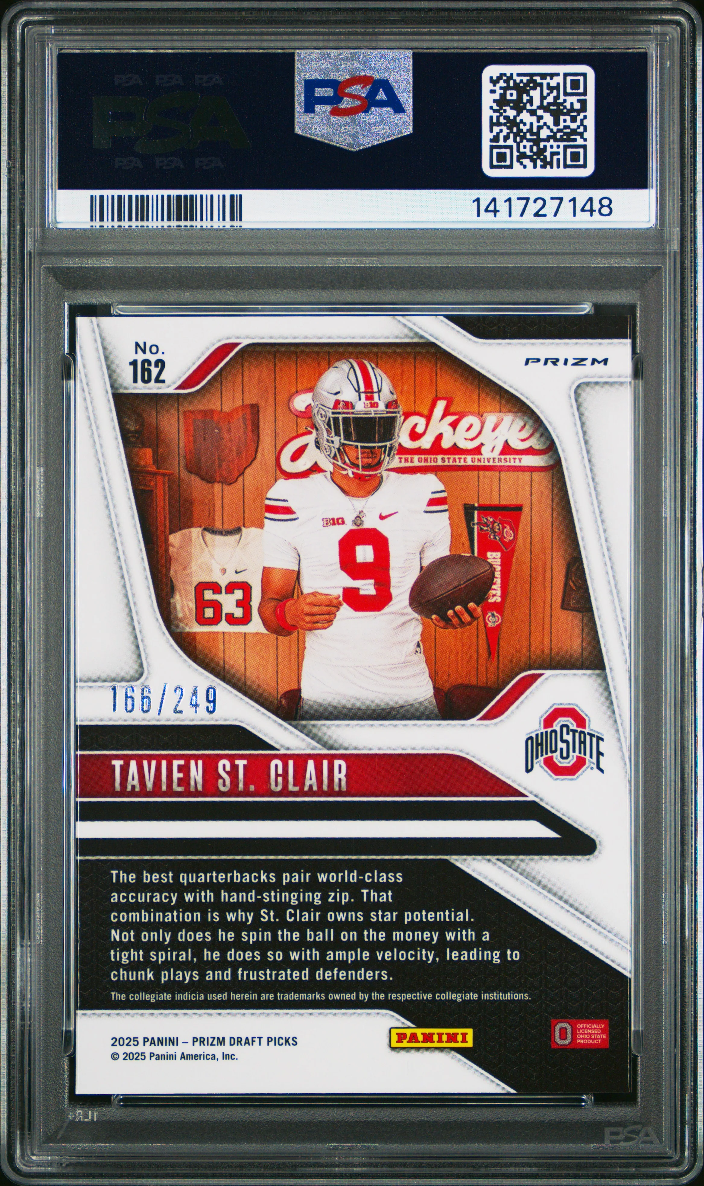 Tavien St Clair RC 2025 Panini Prizm Draft Blue Rated Prospect Rookie SP 166/249 PSA 10 - Image 2