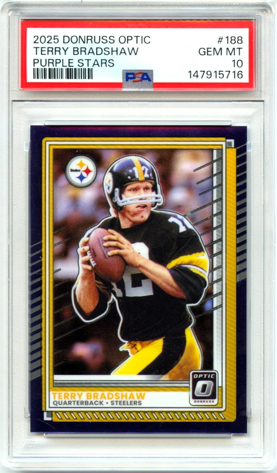 Terry Bradshaw 2025 Donruss Optic Purple Stars Prizm SP 2/15 PSA 10