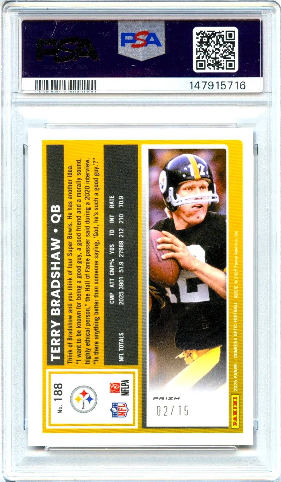 Terry Bradshaw 2025 Donruss Optic Purple Stars Prizm SP 2/15 PSA 10 - Image 2