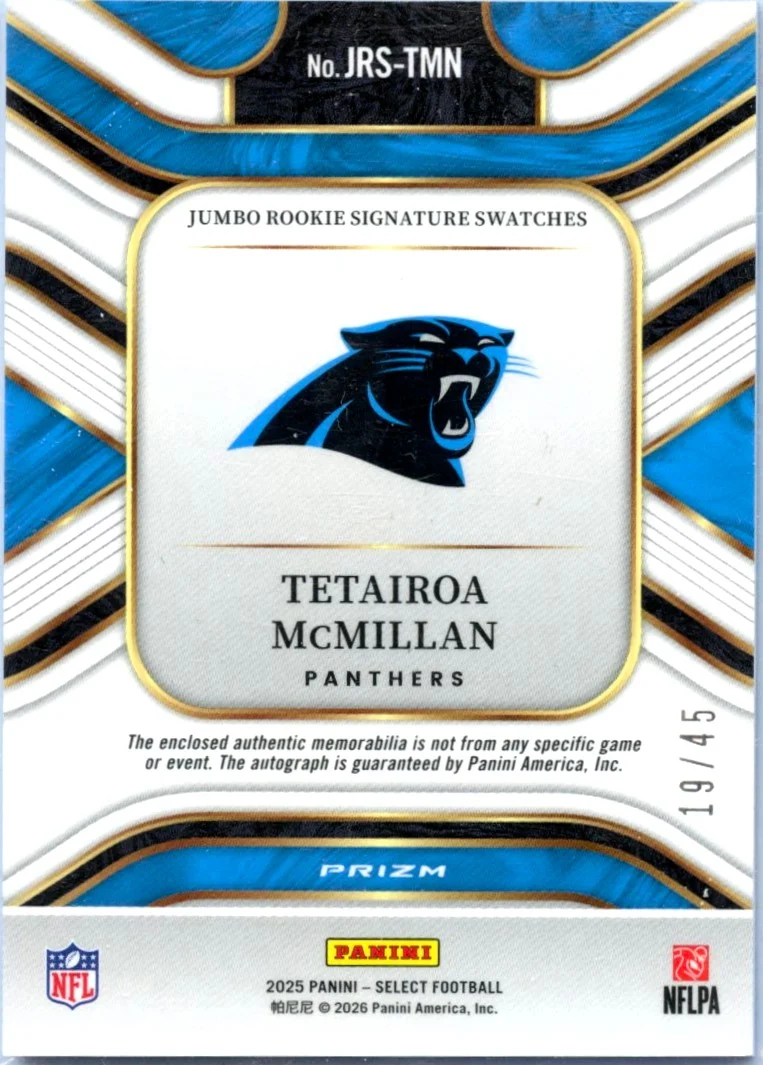 Tetairoa Mcmillan RC 2025 Panini Select Orange Pulsar Rookie Patch Auto SP 19/45 - Image 2