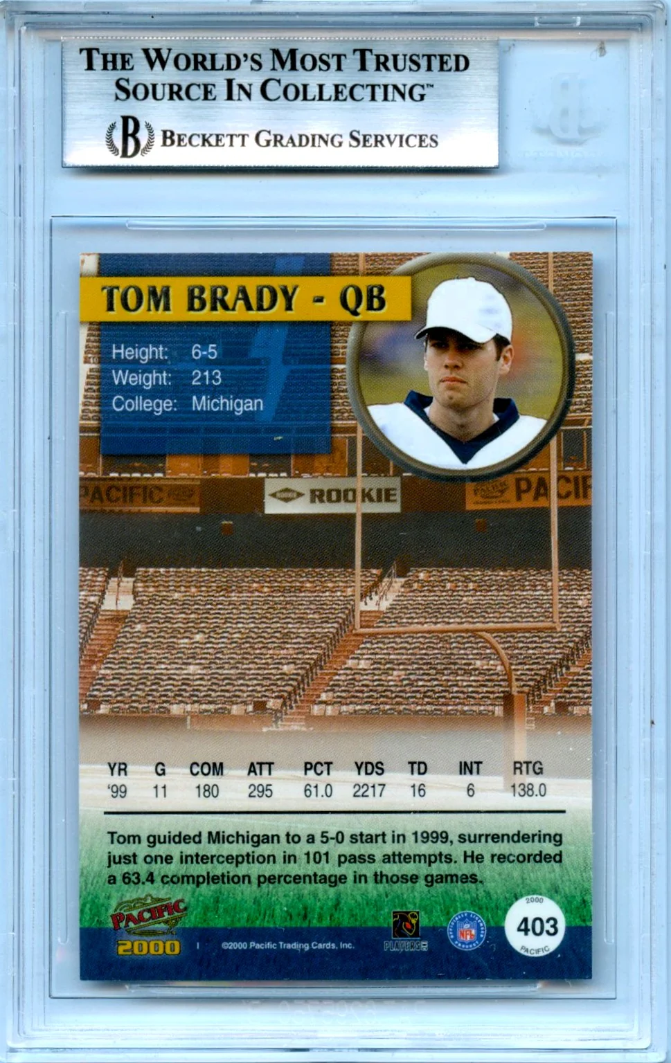 Tom Brady RC 2000 Pacific Rookie #403 BGS 9 - Image 2