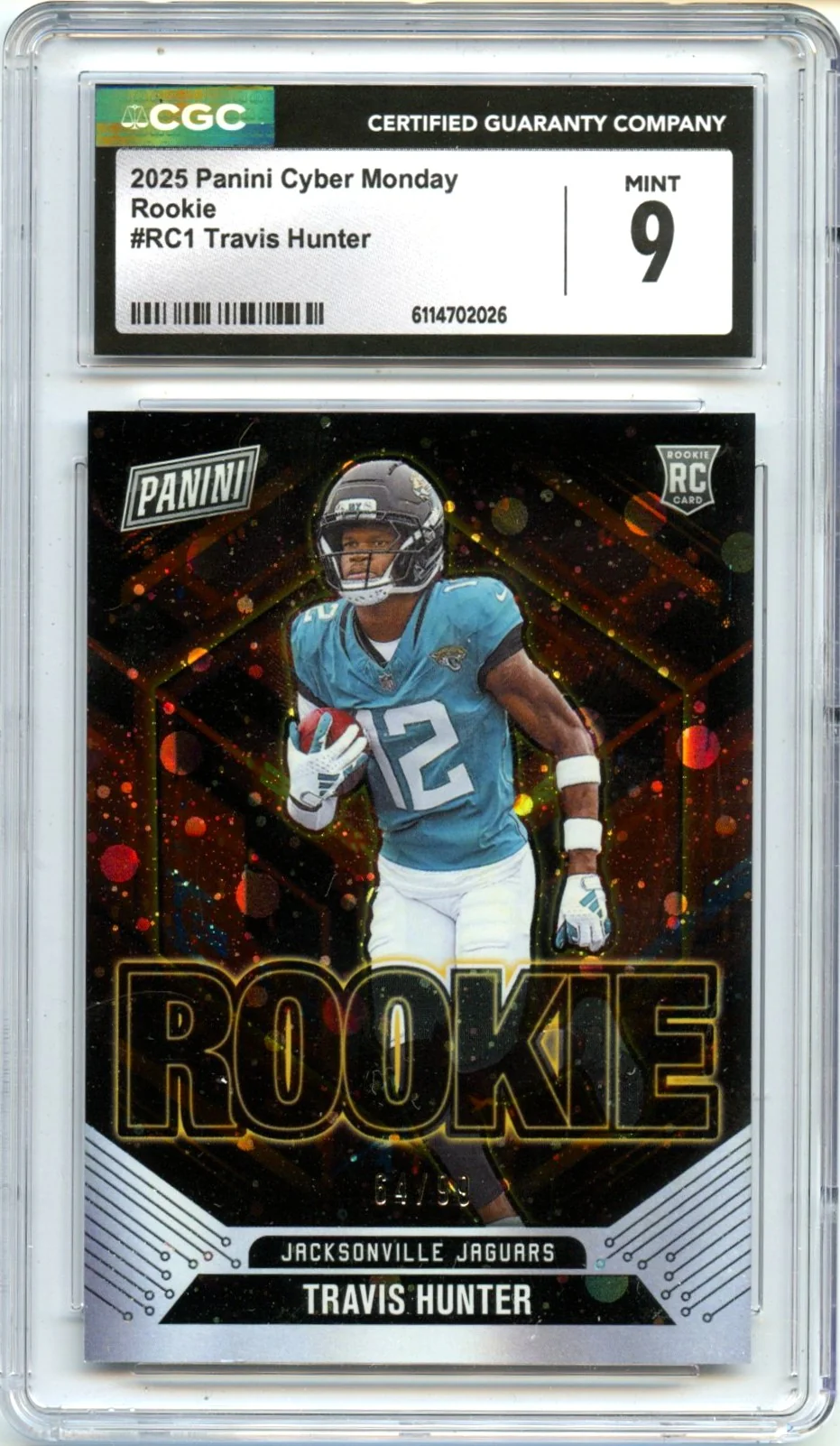 Travis Hunter RC 2025 Panini Cyber Monday Rookie SP 64/99 CGC 9