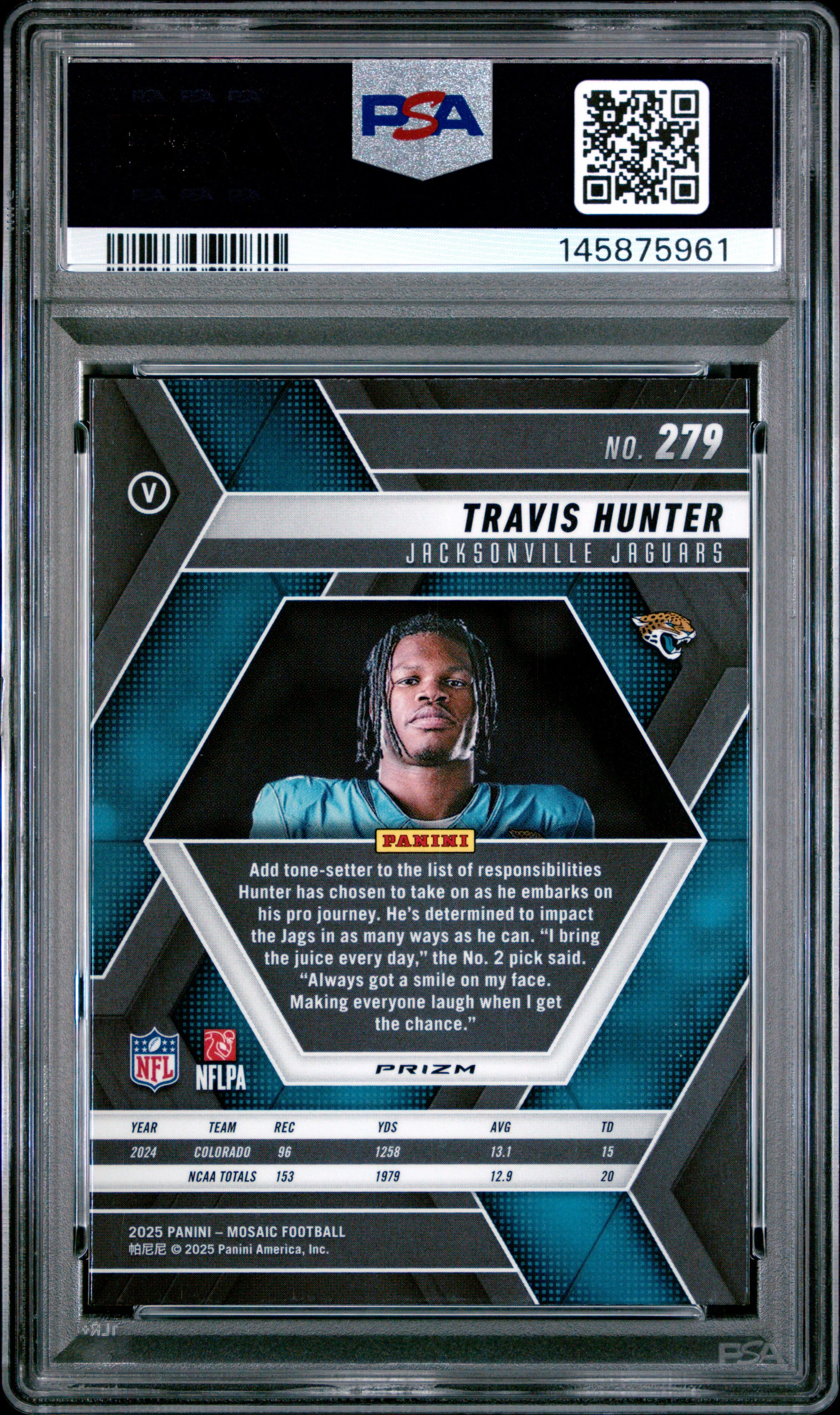 Travis Hunter RC 2025 Panini Mosaic Genesis Prizm Variation Rookie SSP #279 PSA 10 - Image 2