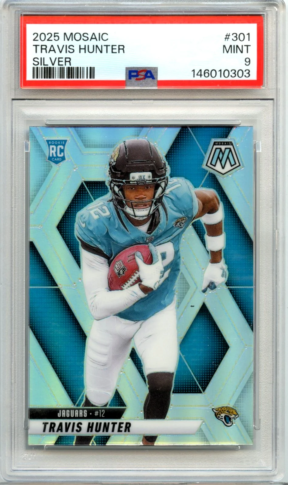 Travis Hunter RC 2025 Panini Mosaic Silver Prizm Rookie #301 PSA 9