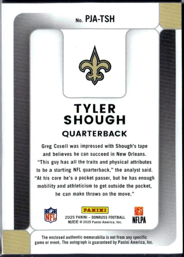 Tyler Shough RC 2025 Donruss Rookie Phenom Patch Auto SP 44/99 - Image 2