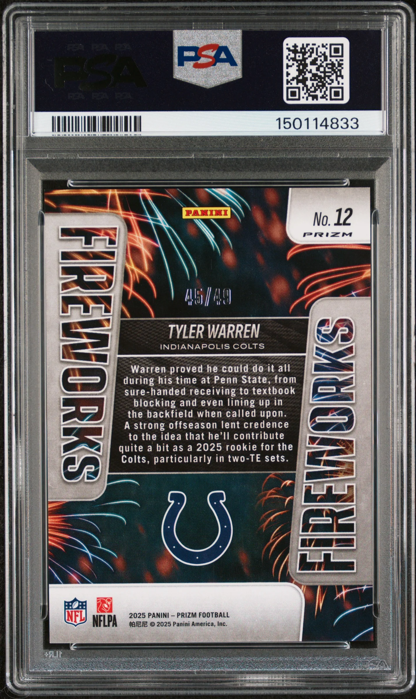 Tyler Warren RC 2025 Panini Prizm Purple Power Fireworks Rookie SP 45/49 PSA 10 - Image 2