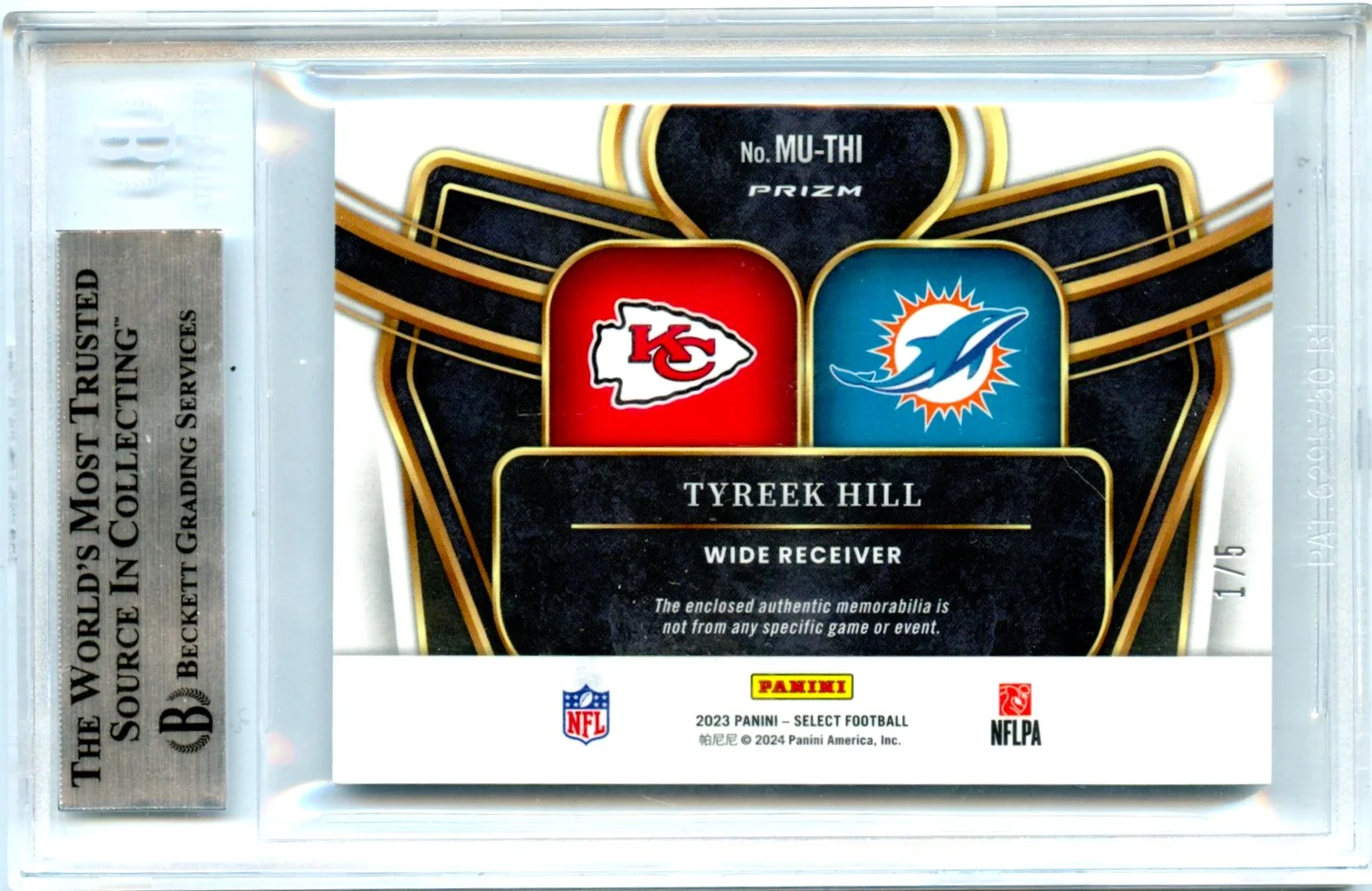 Tyreek Hill 2023 Panini Select Green Prizm Multiverse Patch SP 1/5 BGS 9 - Image 2